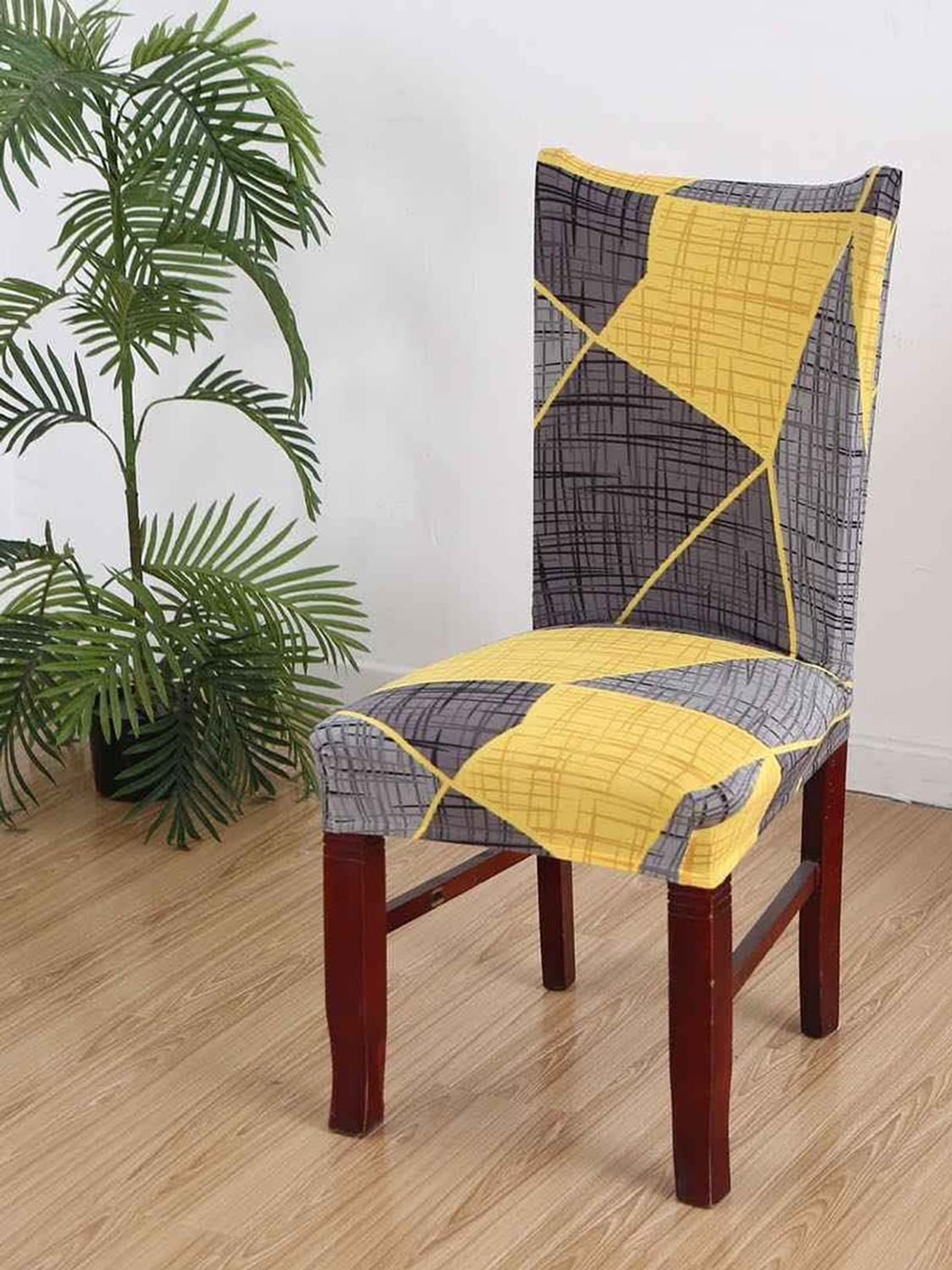 

HOUSE OF QUIRK Grey & Yellow 6 Pieces Printed Stretchable Removable Chair Covers