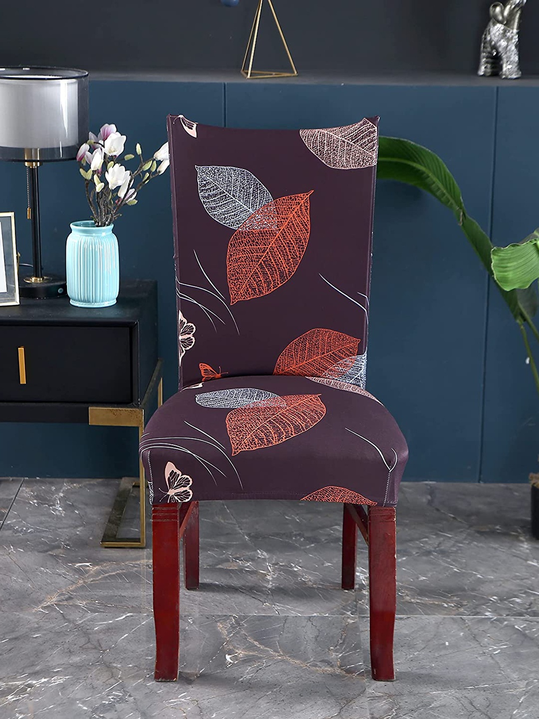 

HOUSE OF QUIRK Brown & Orange 2 Pieces Printed Stretchable Removable Chair Covers