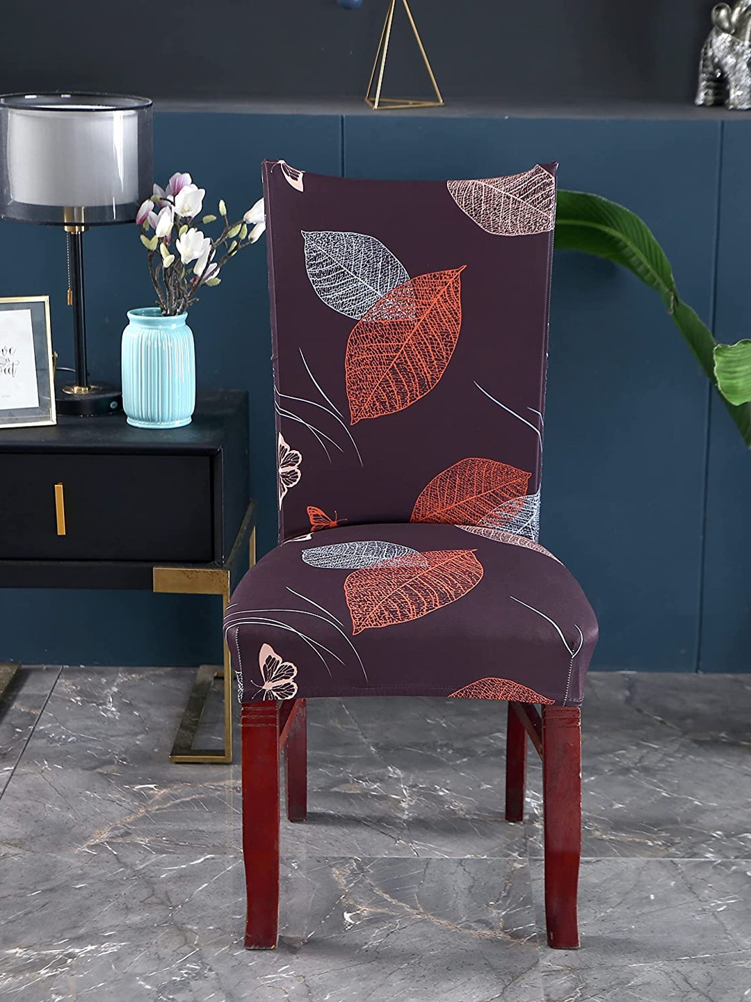 

HOUSE OF QUIRK Mauve & Brown 4 Pcs Leaf Printed Stretchable Removable Chair Covers
