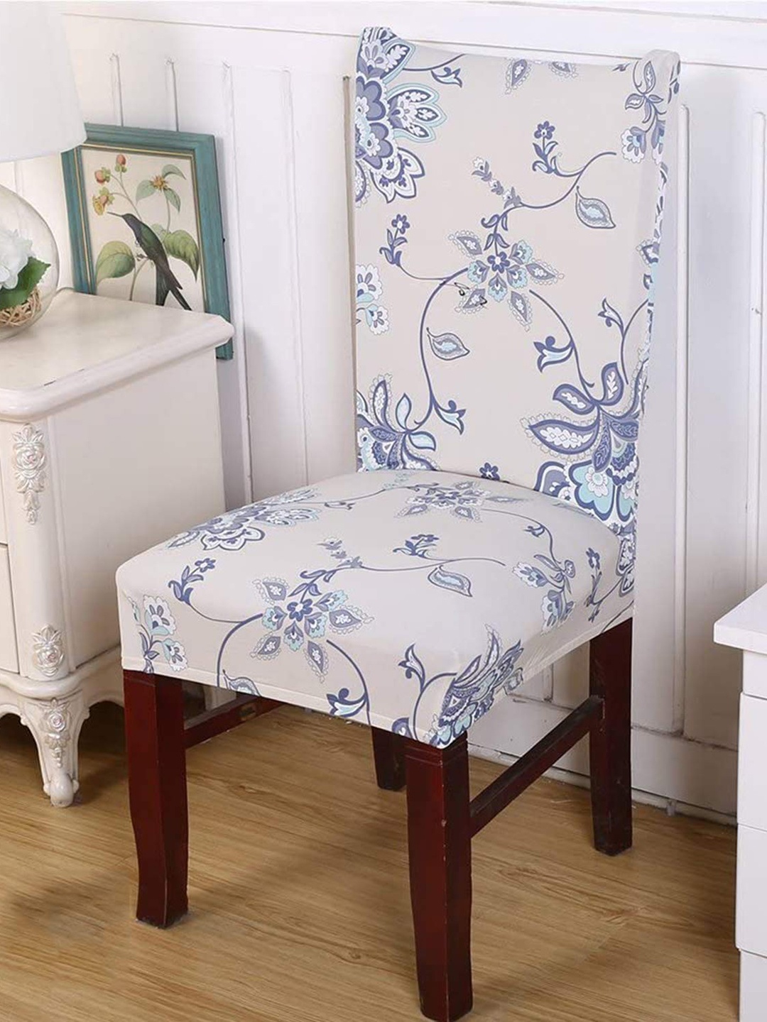 

HOUSE OF QUIRK Beige & Blue 2 Pcs Floral Printed Stretchable Chair Covers