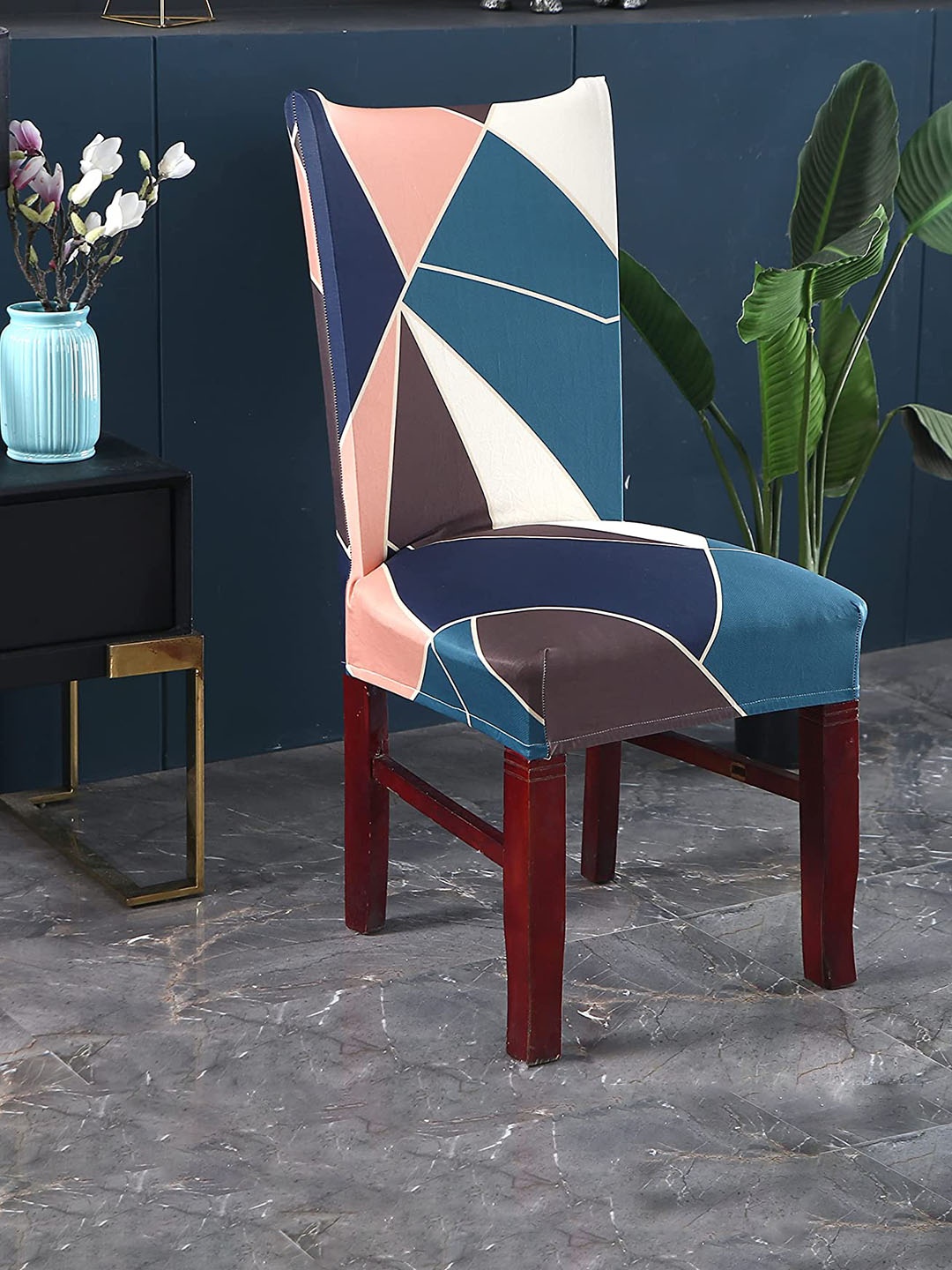 

HOUSE OF QUIRK Blue & Brown Geometric Printed Stretchable Removable Chair Cover