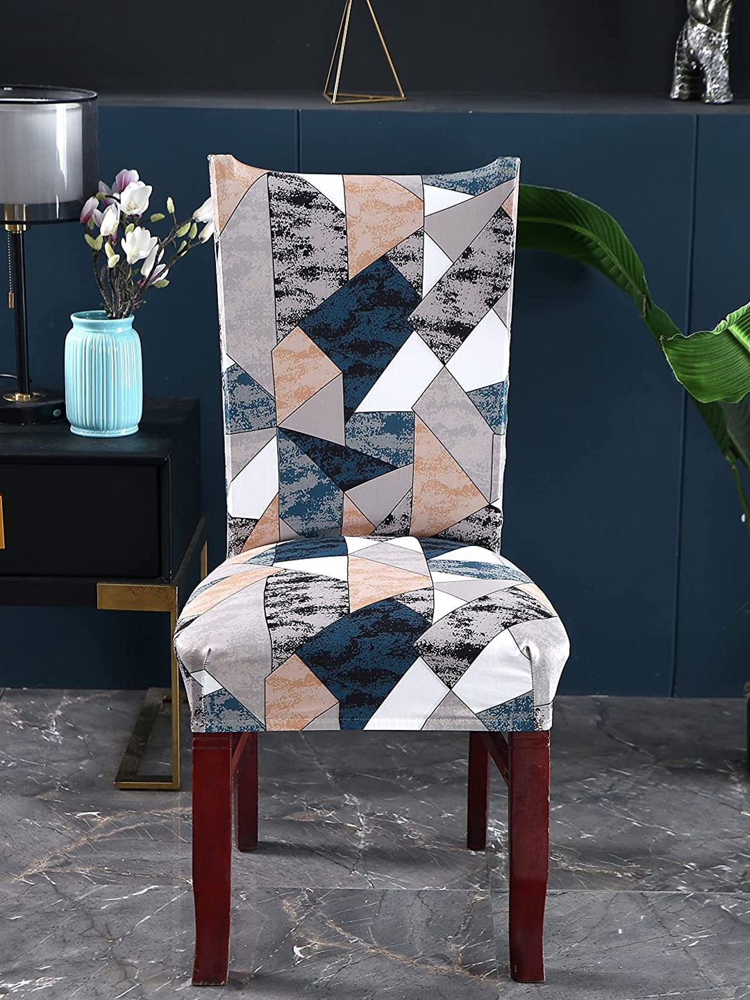 HOUSE OF QUIRK Grey & White 2 Pieces Printed Stretchable Removable Chair Covers