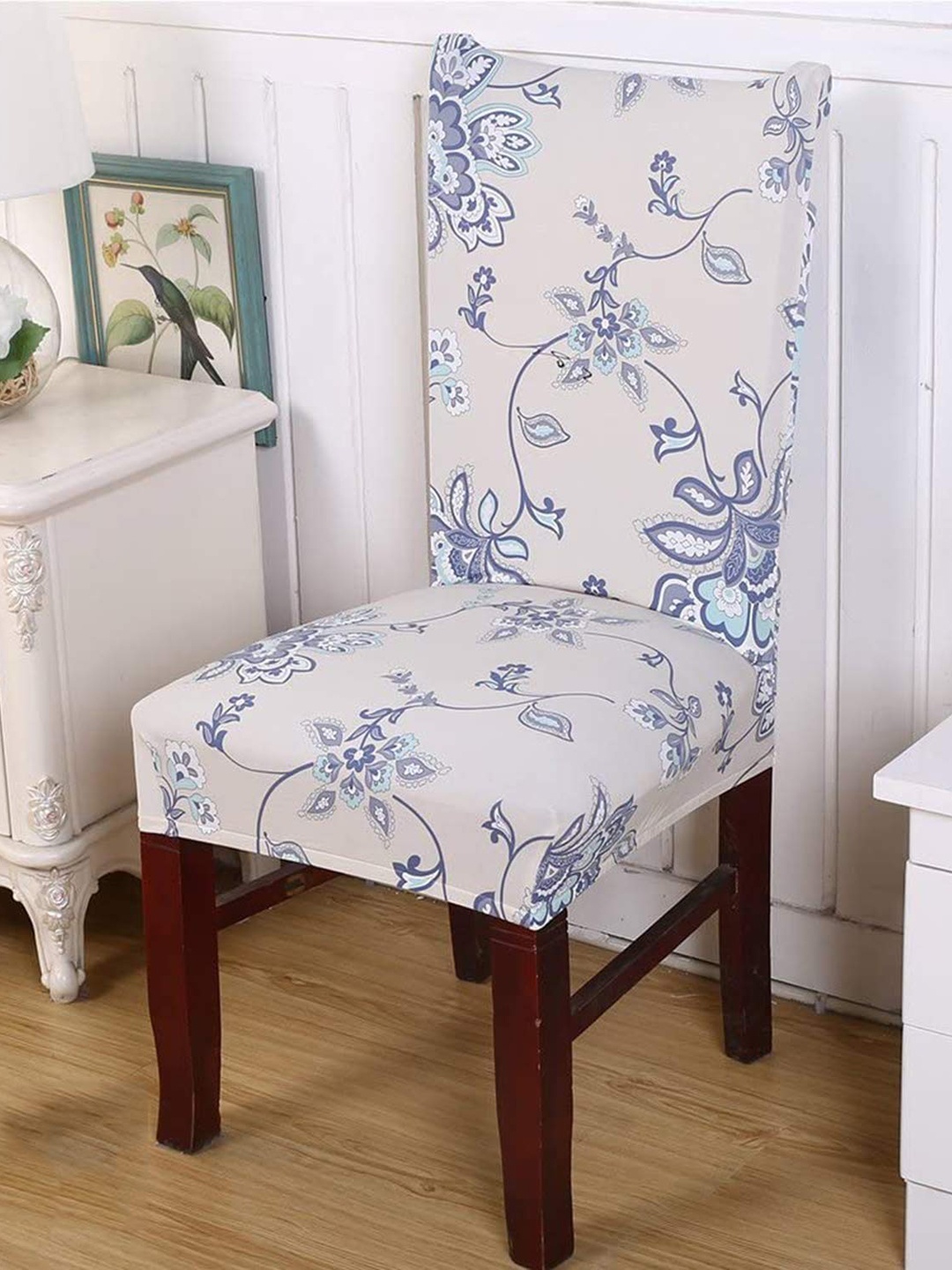 

HOUSE OF QUIRK Beige & White Printed Removable Chair Covers