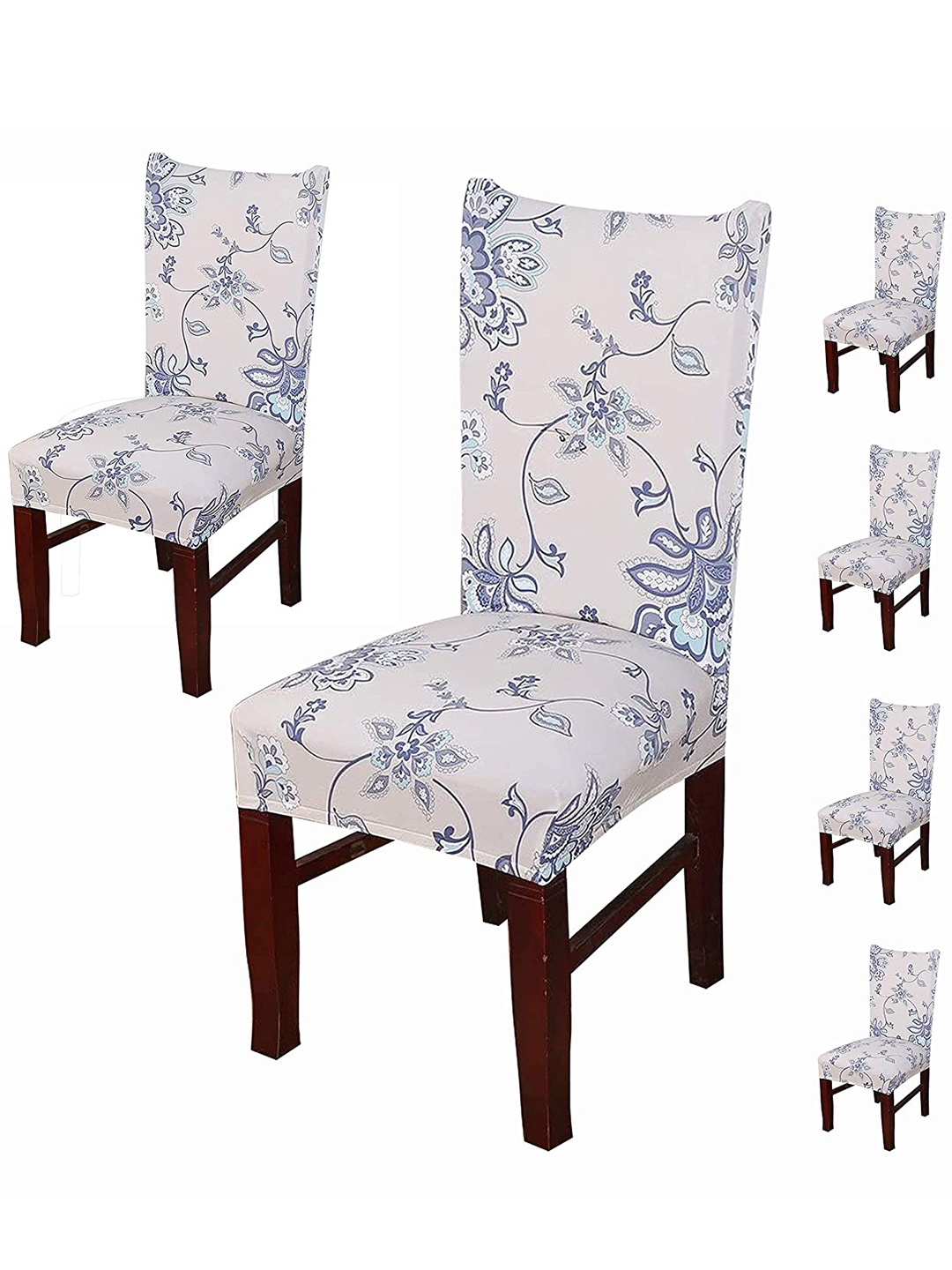 

HOUSE OF QUIRK Beige & Blue 6 Pieces Printed Stretchable Removable Chair Covers