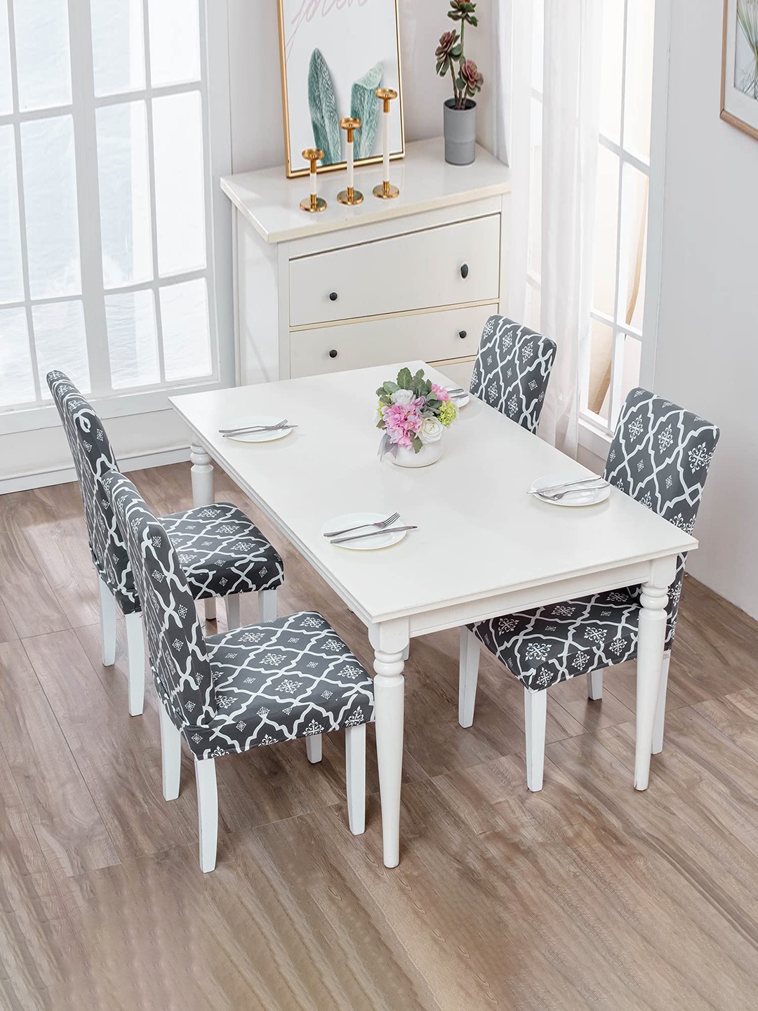 

HOUSE OF QUIRK Grey & White 4 Pcs Ethnic Motifs Printed Removable Chair Covers