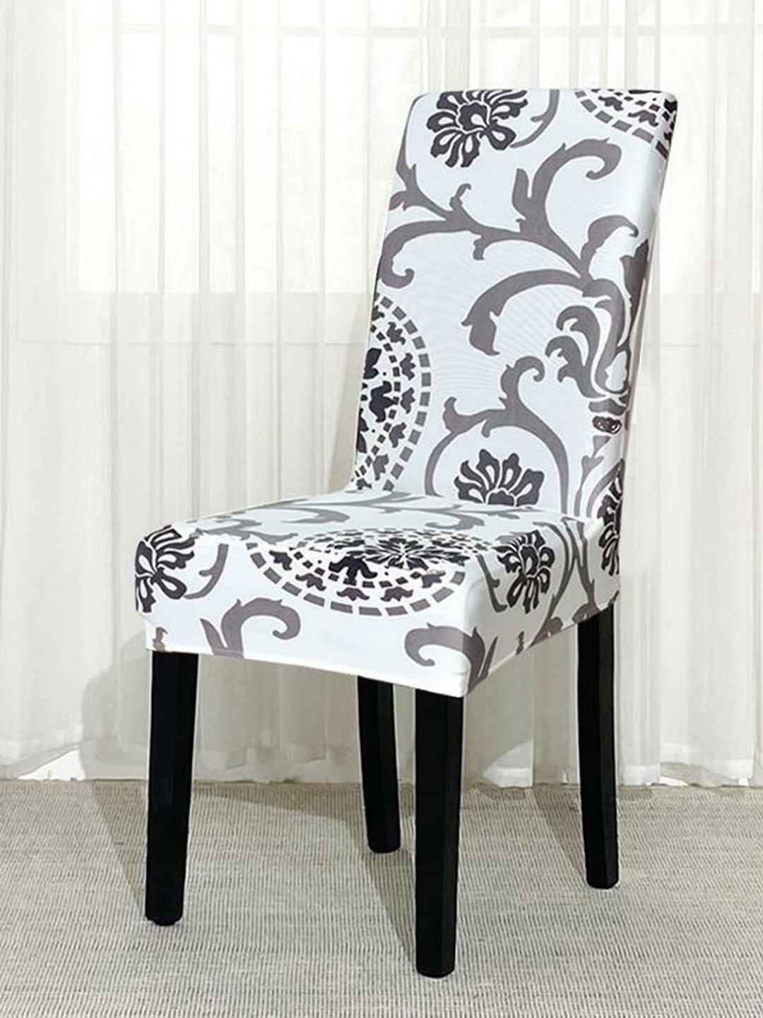 HOUSE OF QUIRK Grey 4 Pieces Printed Stretchable Removable Chair Covers