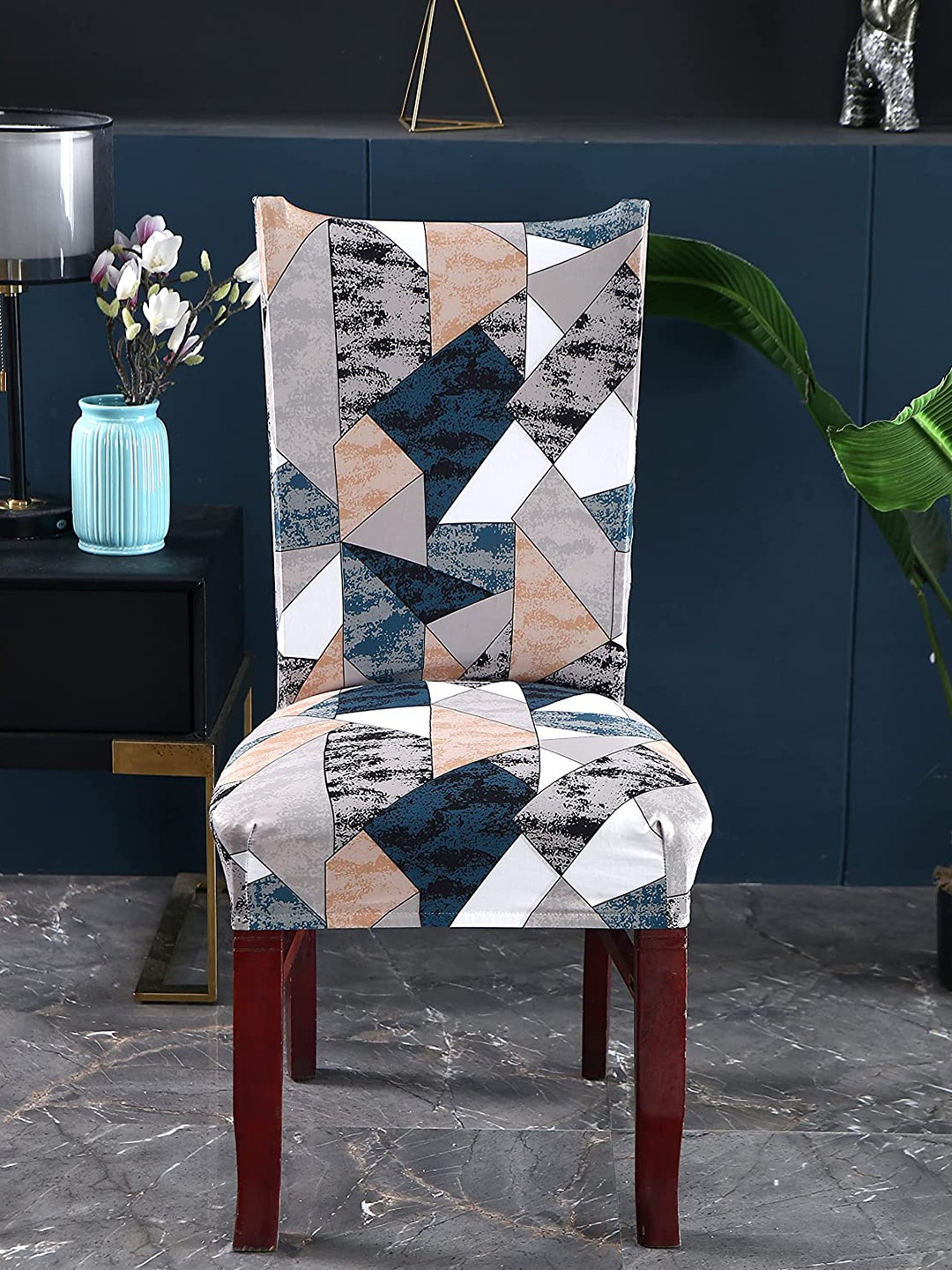 

HOUSE OF QUIRK Blue & Grey 6 Pieces Printed Stretchable Removable Chair Covers