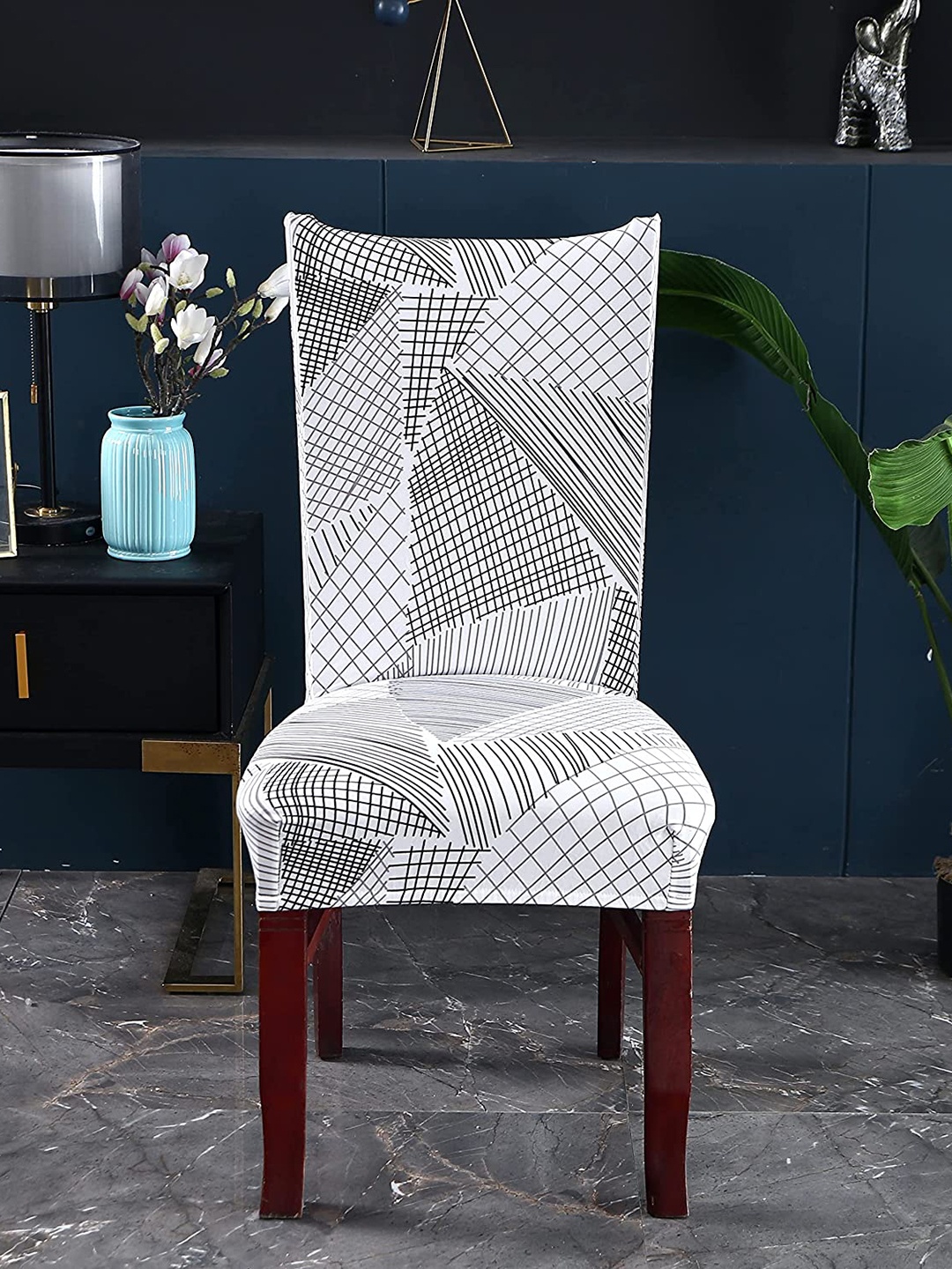 HOUSE OF QUIRK White & Grey 4 Pieces Printed Stretchable Removable Chair Covers
