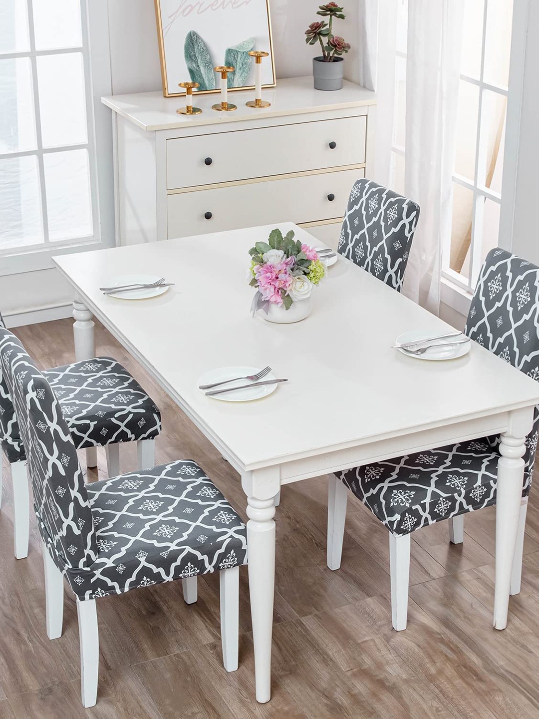 HOUSE OF QUIRK Grey & White 2 Pcs Ethnic Motifs Printed Removable Chair Covers