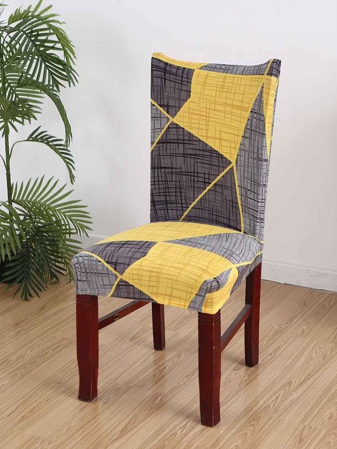 

HOUSE OF QUIRK Grey & Yellow Printed Stretchable Removable Chair Cover