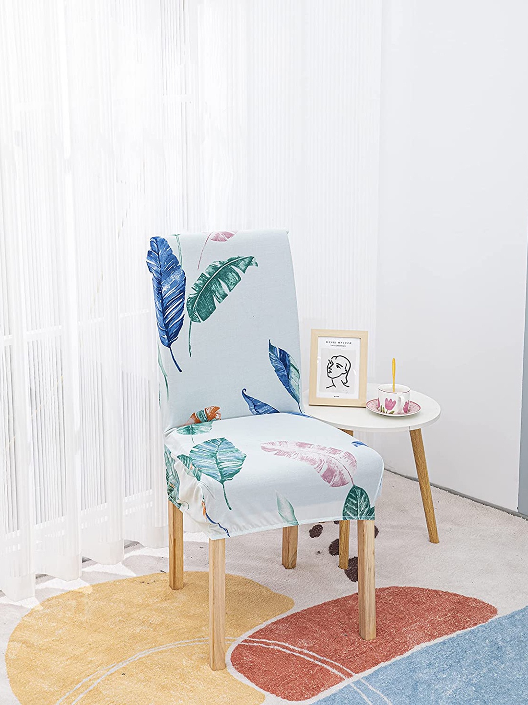 

HOUSE OF QUIRK Turquoise Blue 4 Pieces Printed Stretchable Removable Chair Covers