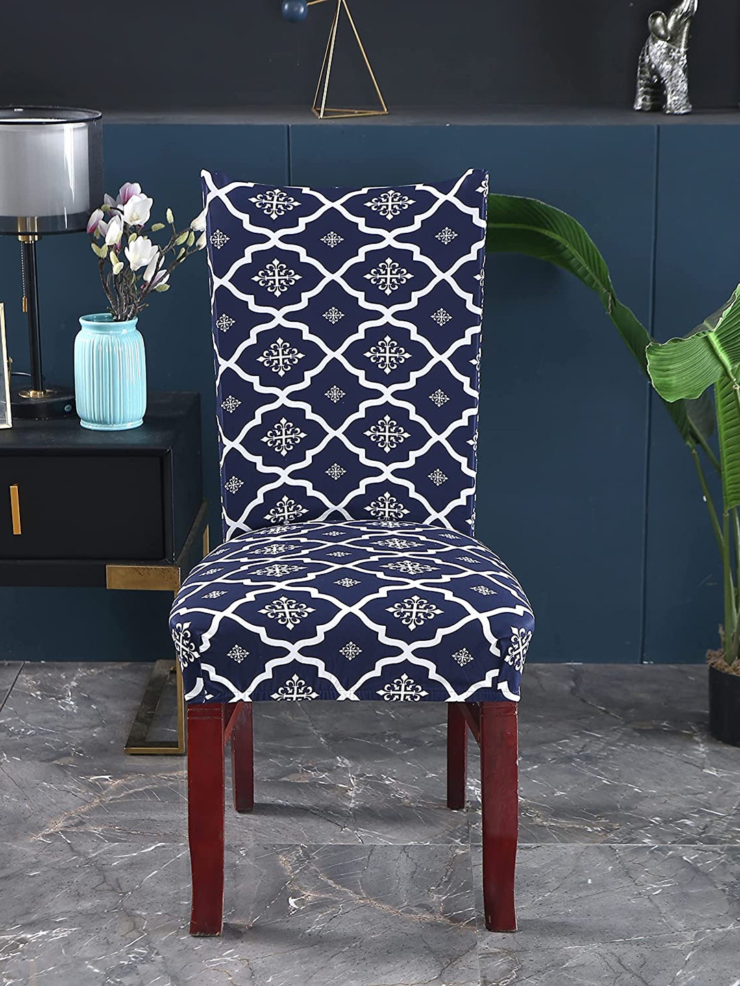

HOUSE OF QUIRK Blue & White 2 Pieces Printed Stretchable Removable Chair Covers, Navy blue