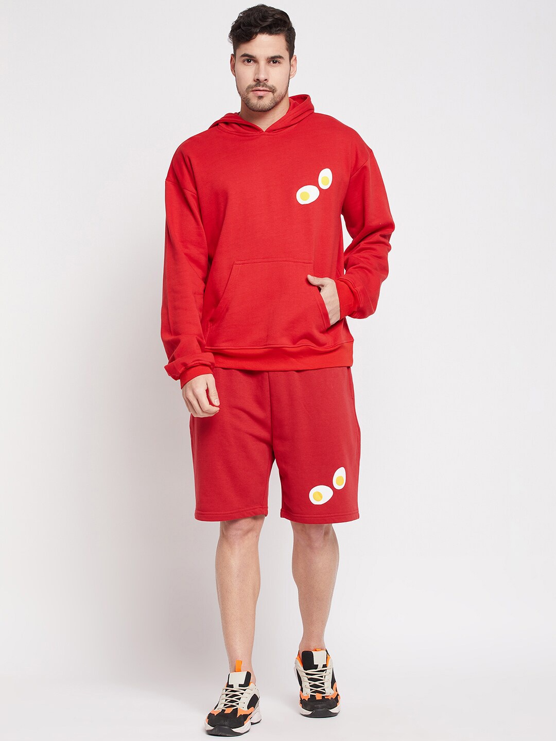 

FUGAZEE Men Printed Pure Cotton Hooded with Shorts, Red