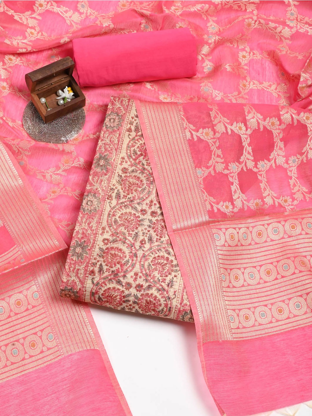 

Meena Bazaar Printed Dupion Silk Unstitched Dress Material, Beige