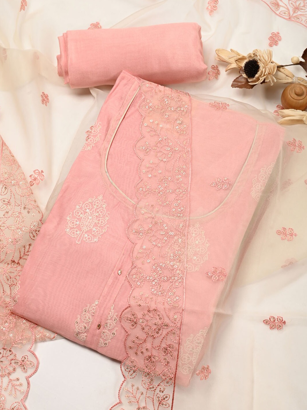 

Meena Bazaar Embroidered Dupion Silk Unstitched Dress Material, Pink