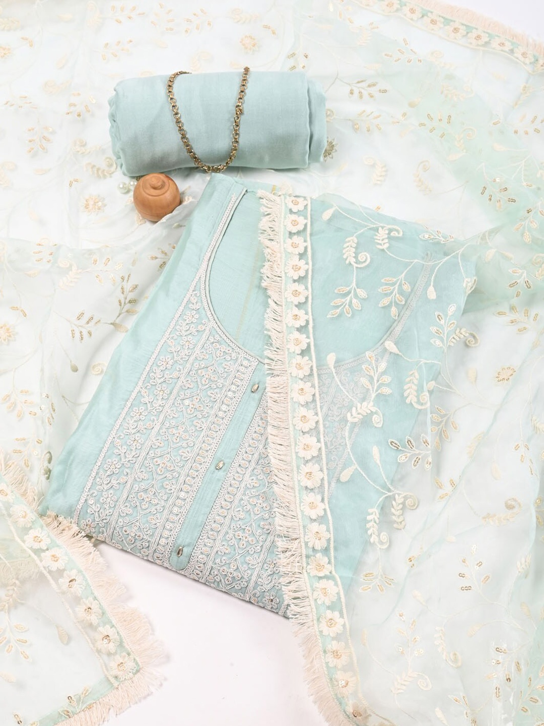 

Meena Bazaar Embroidered Dupion Silk Unstitched Dress Material With Dupatta, Sea green
