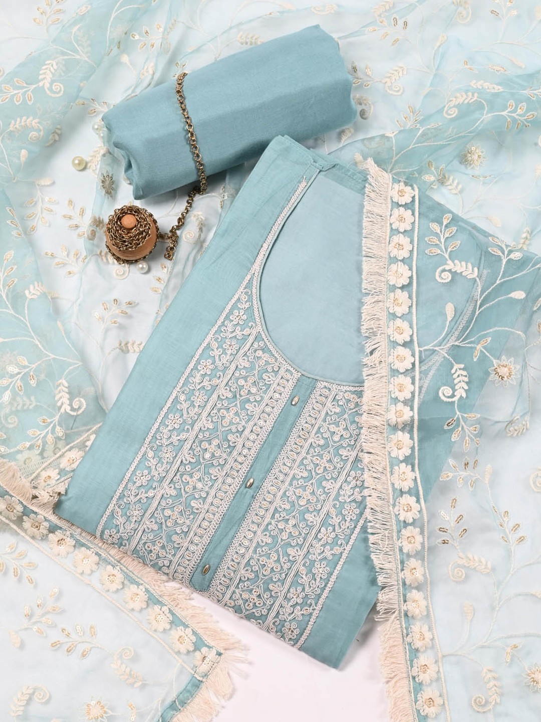 

Meena Bazaar Embroidered Dupion Silk Unstitched Dress Material, Blue