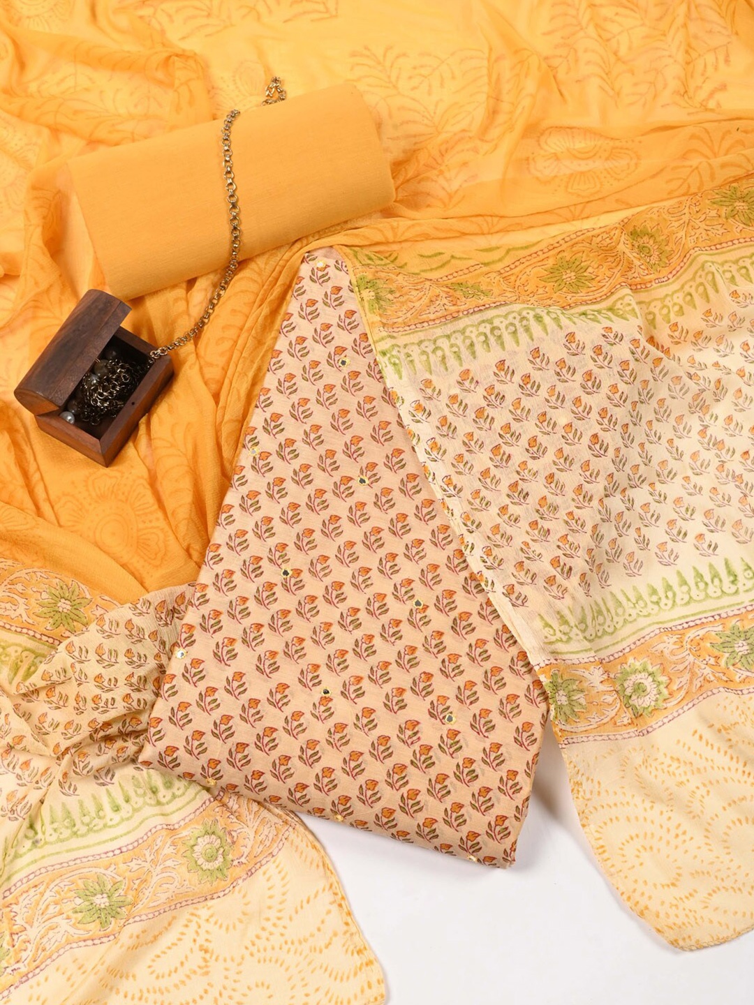 

Meena Bazaar Printed Dupion Silk Unstitched Dress Material, Beige