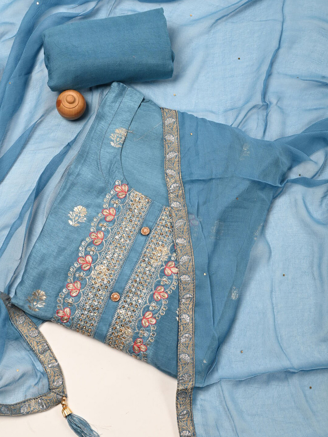 

Meena Bazaar Embroidered Dupion Silk Unstitched Dress Material, Blue