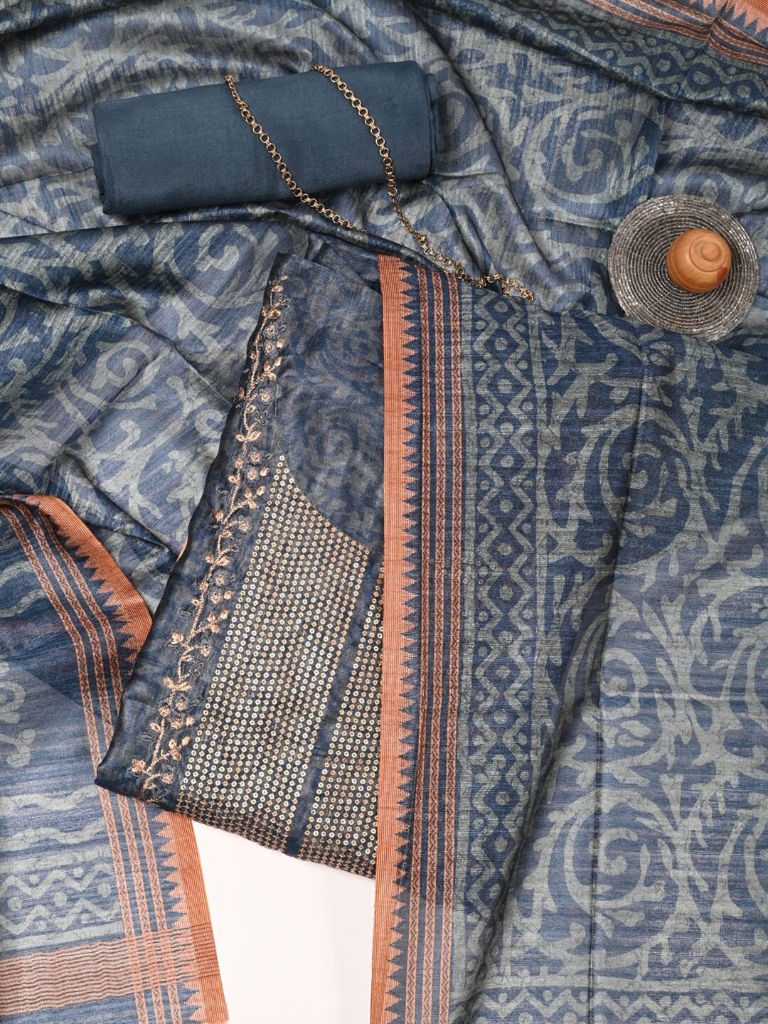 

Meena Bazaar Dupion Silk Unstitched Dress Material, Blue