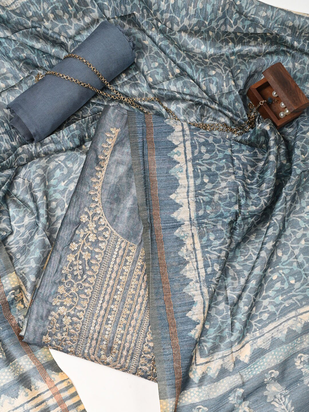 

Meena Bazaar Embroidered Dupion Silk Unstitched Dress Material, Grey