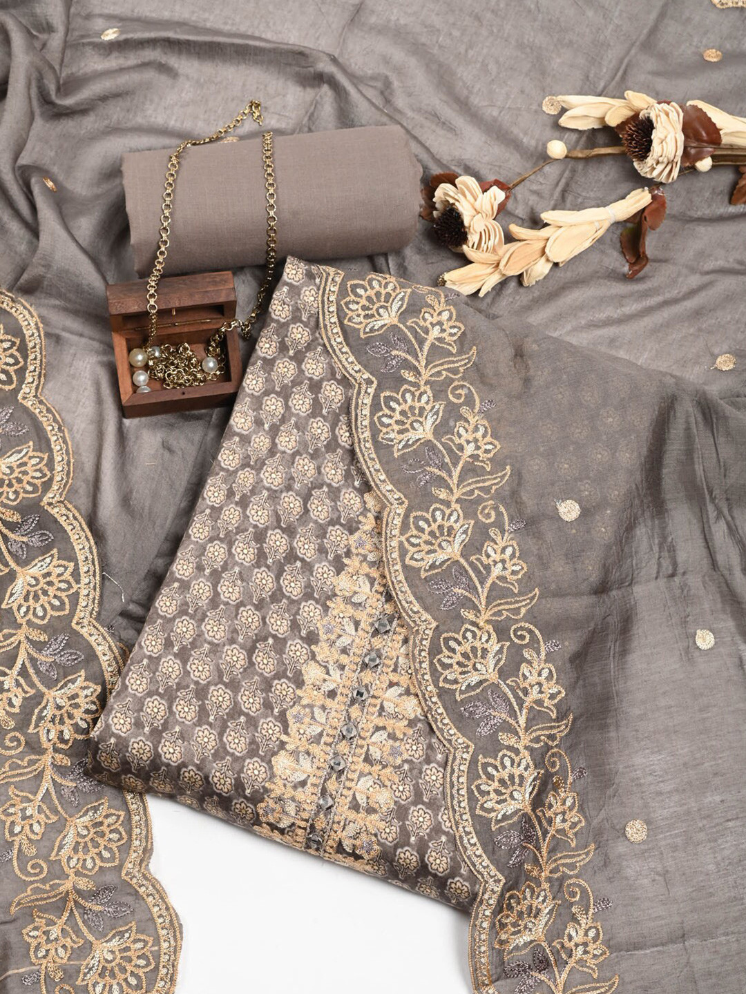 

Meena Bazaar Embroidered Zari Details Pure Cotton Unstitched Dress Material, Brown