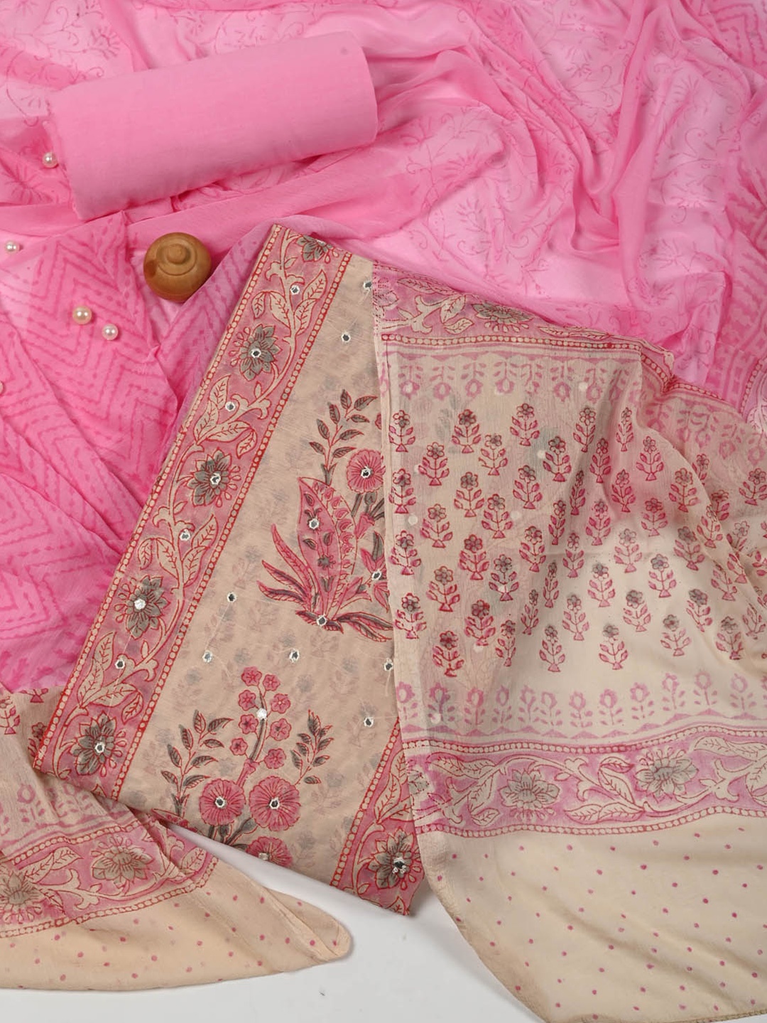 

Meena Bazaar Floral Embroidered Mirror Work Dupion Silk Unstitched Dress Material, Beige