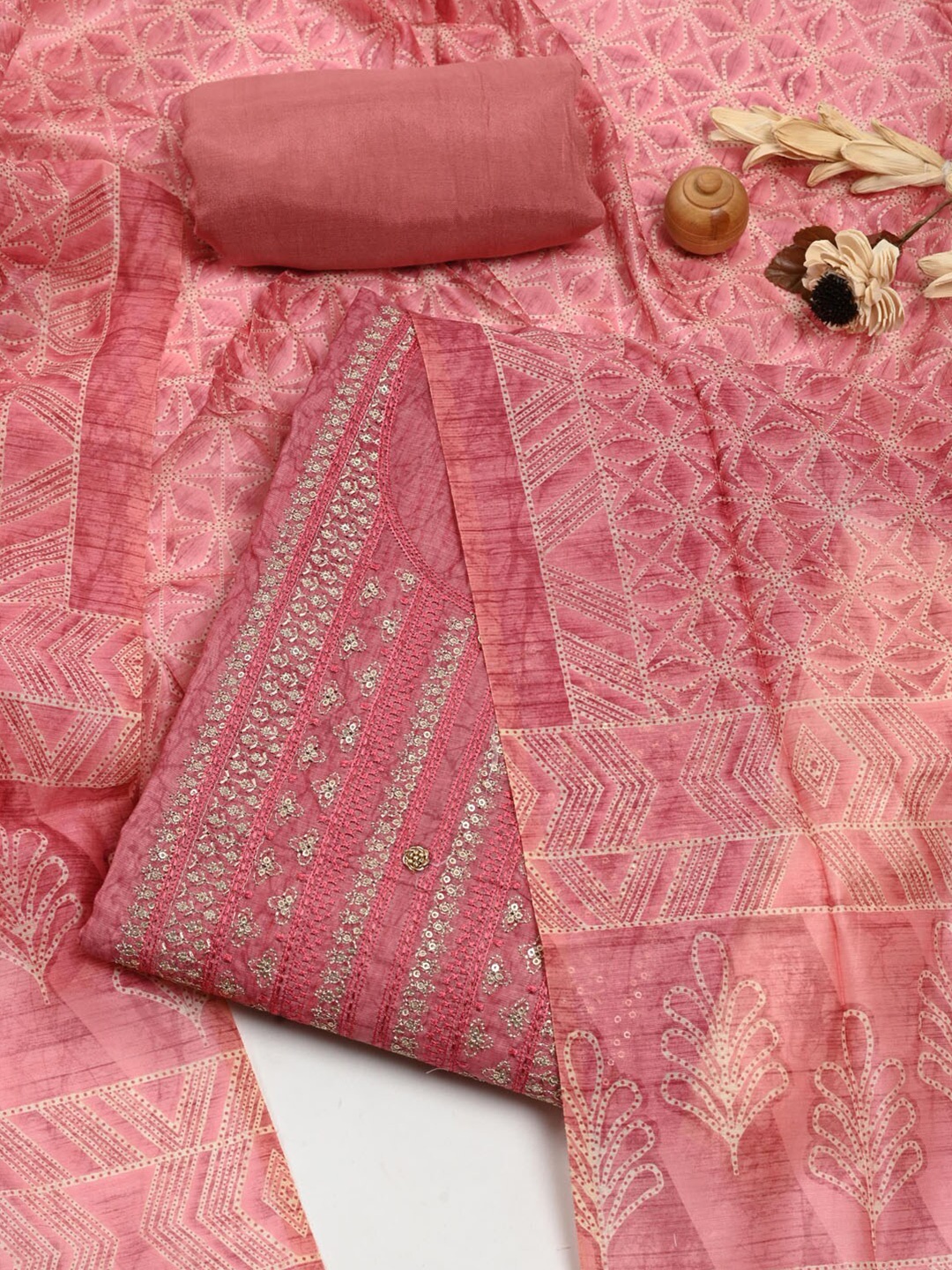 

Meena Bazaar Floral Embroidered Sequinned Dupion Silk Unstitched Dress Material, Pink
