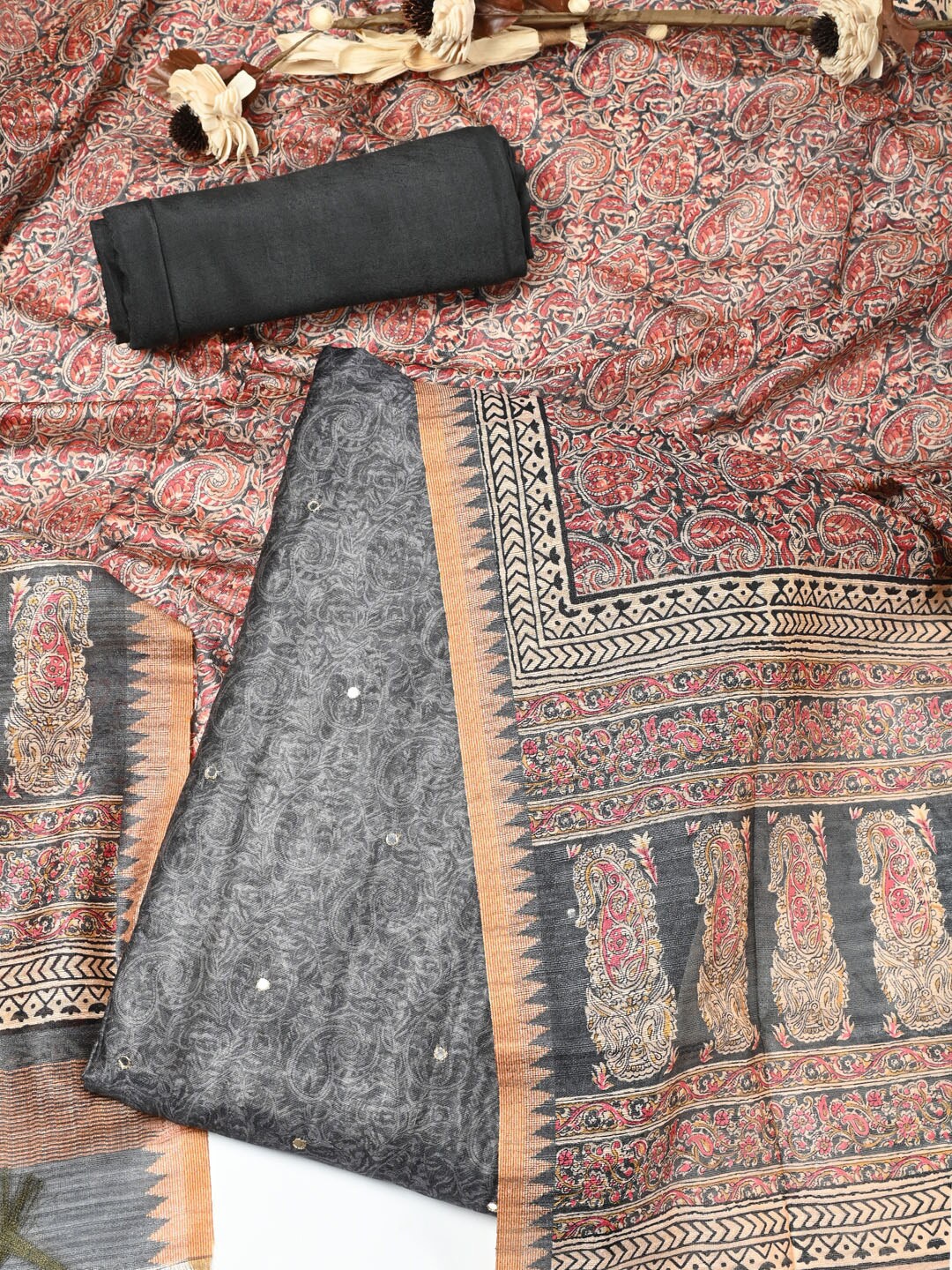 

Meena Bazaar Printed Mirror Work Dupion Silk Unstitched Dress Material, Grey