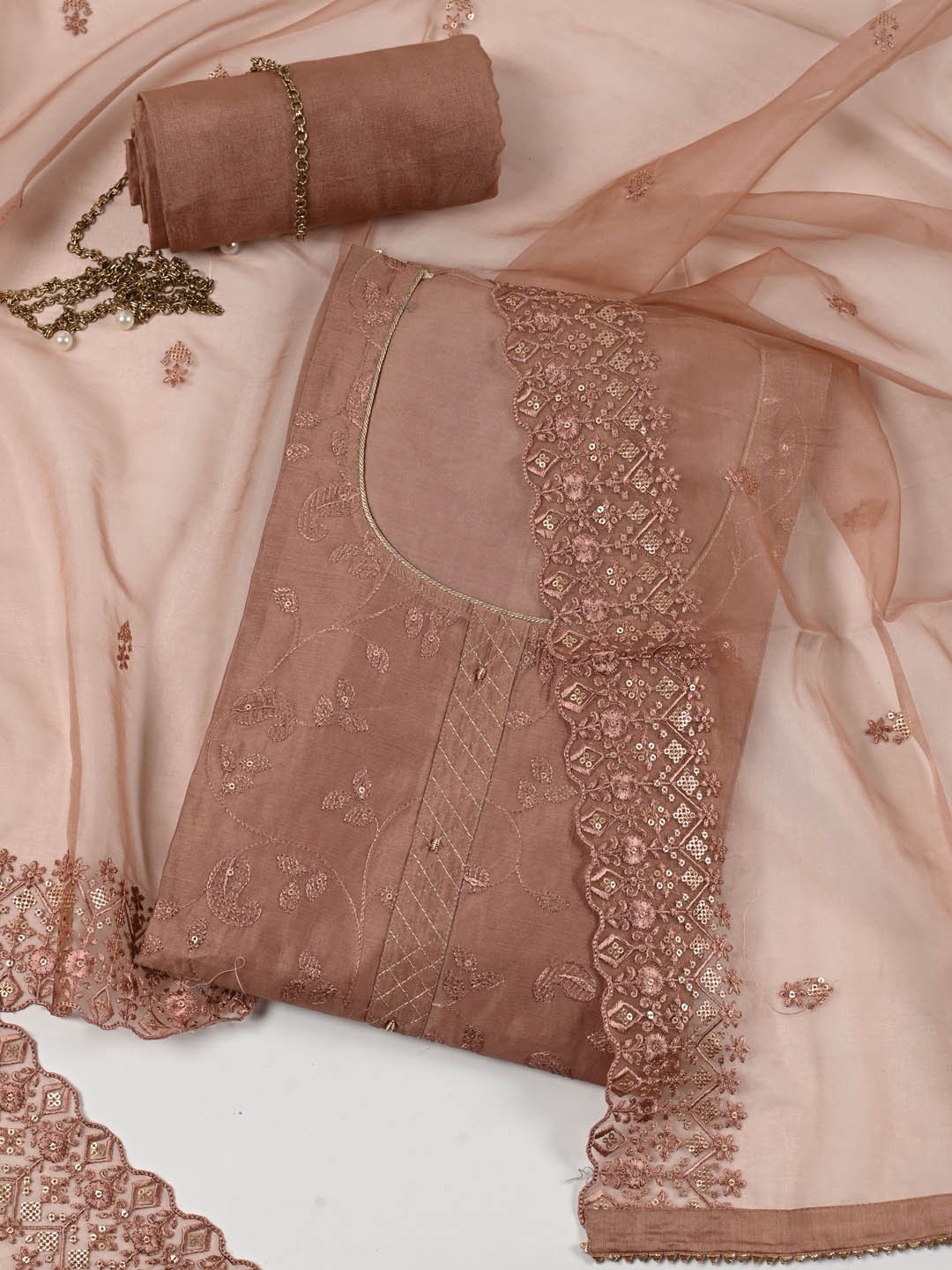 

Meena Bazaar Embroidered Sequinned Chanderi Unstitched Dress Material, Nude
