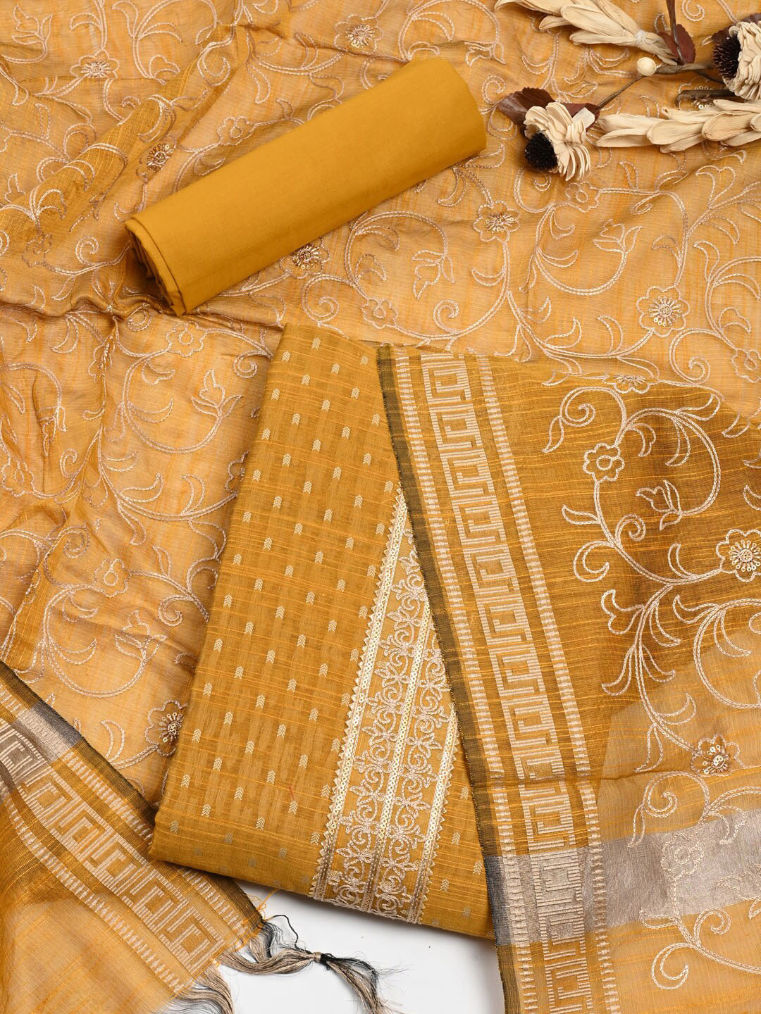 

Meena Bazaar Embroidered Sequinned Dupion Silk Unstitched Dress Material, Mustard
