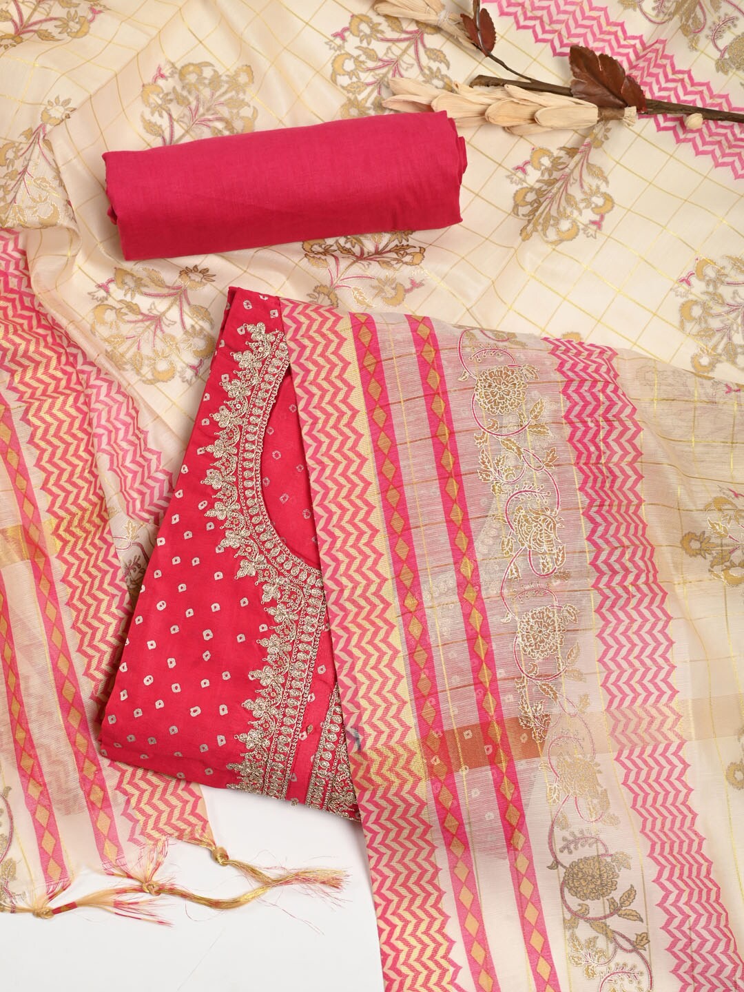 

Meena Bazaar Bandhani Printed Zardozi Dupion Silk Unstitched Dress Material, Pink