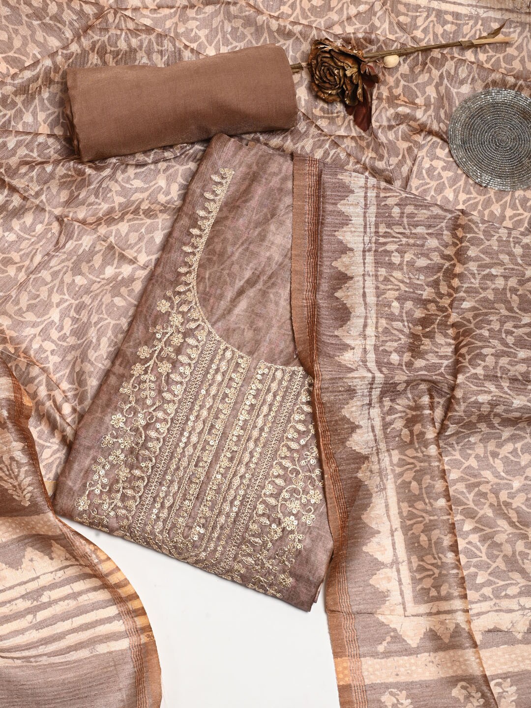 

Meena Bazaar Embroidered Sequinned Dupion Silk Unstitched Dress Material, Brown