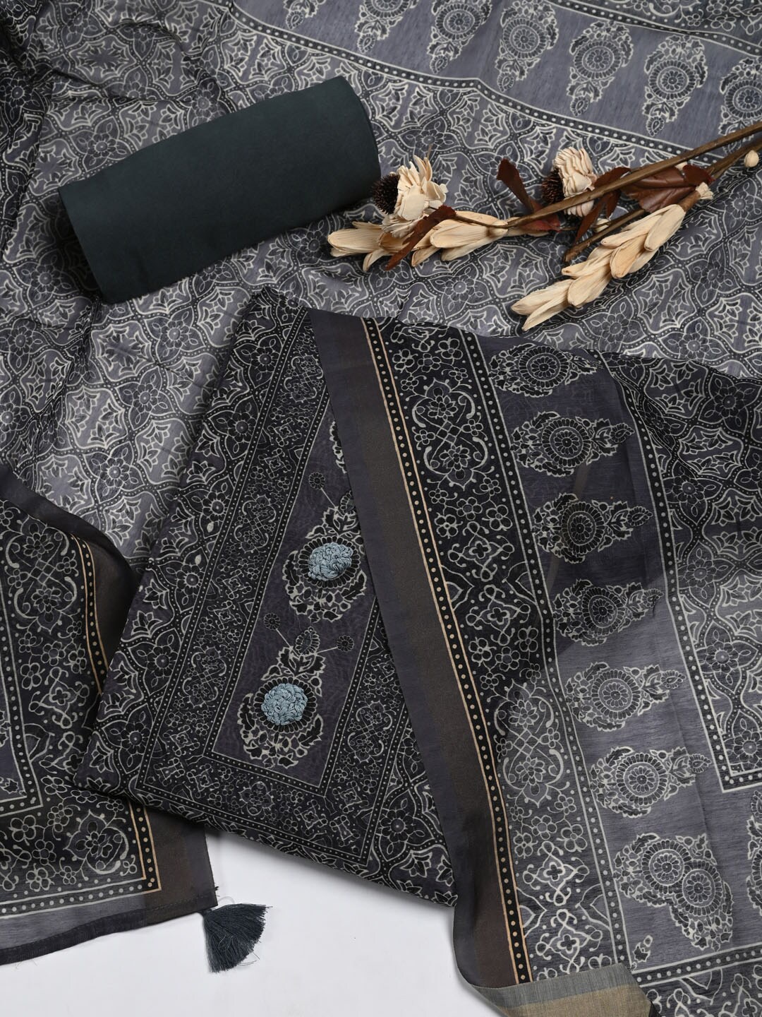 

Meena Bazaar Printed Dupion Silk Unstitched Dress Material, Grey