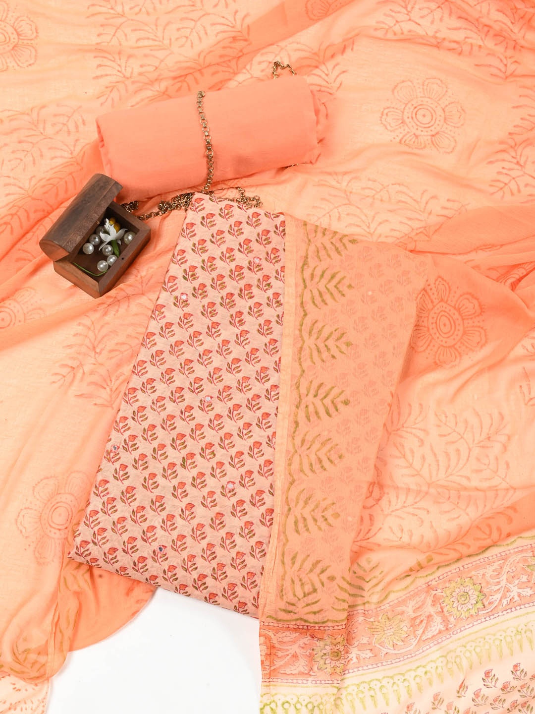 

Meena Bazaar Printed Dupion Silk Unstitched Dress Material, Peach
