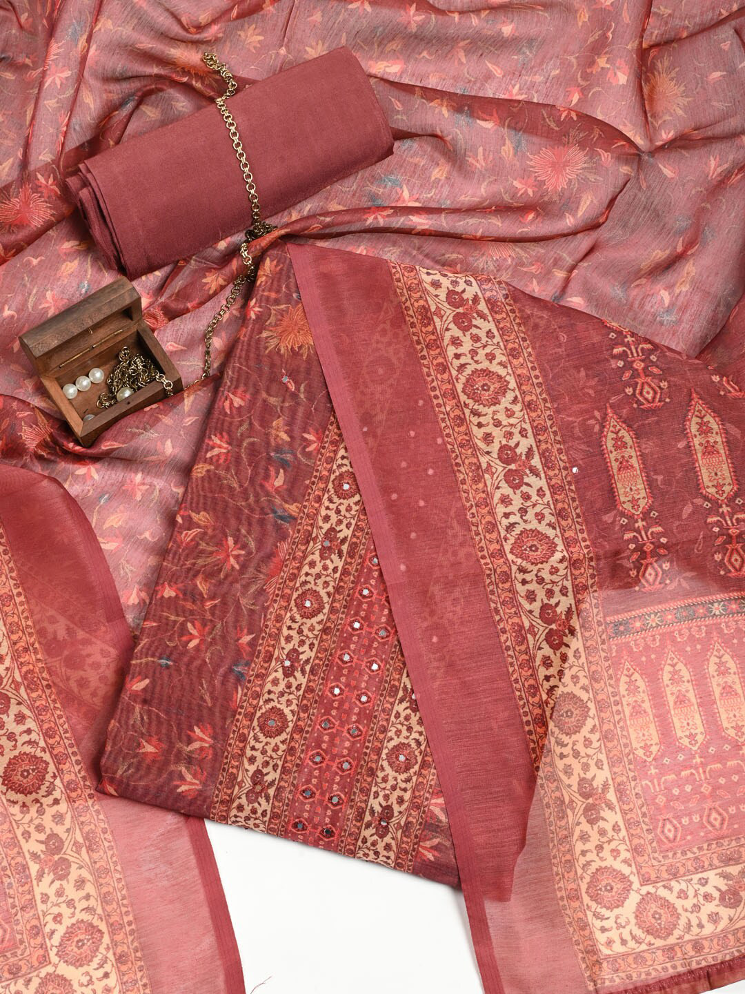 

Meena Bazaar Printed Dupion Silk Unstitched Dress Material, Maroon
