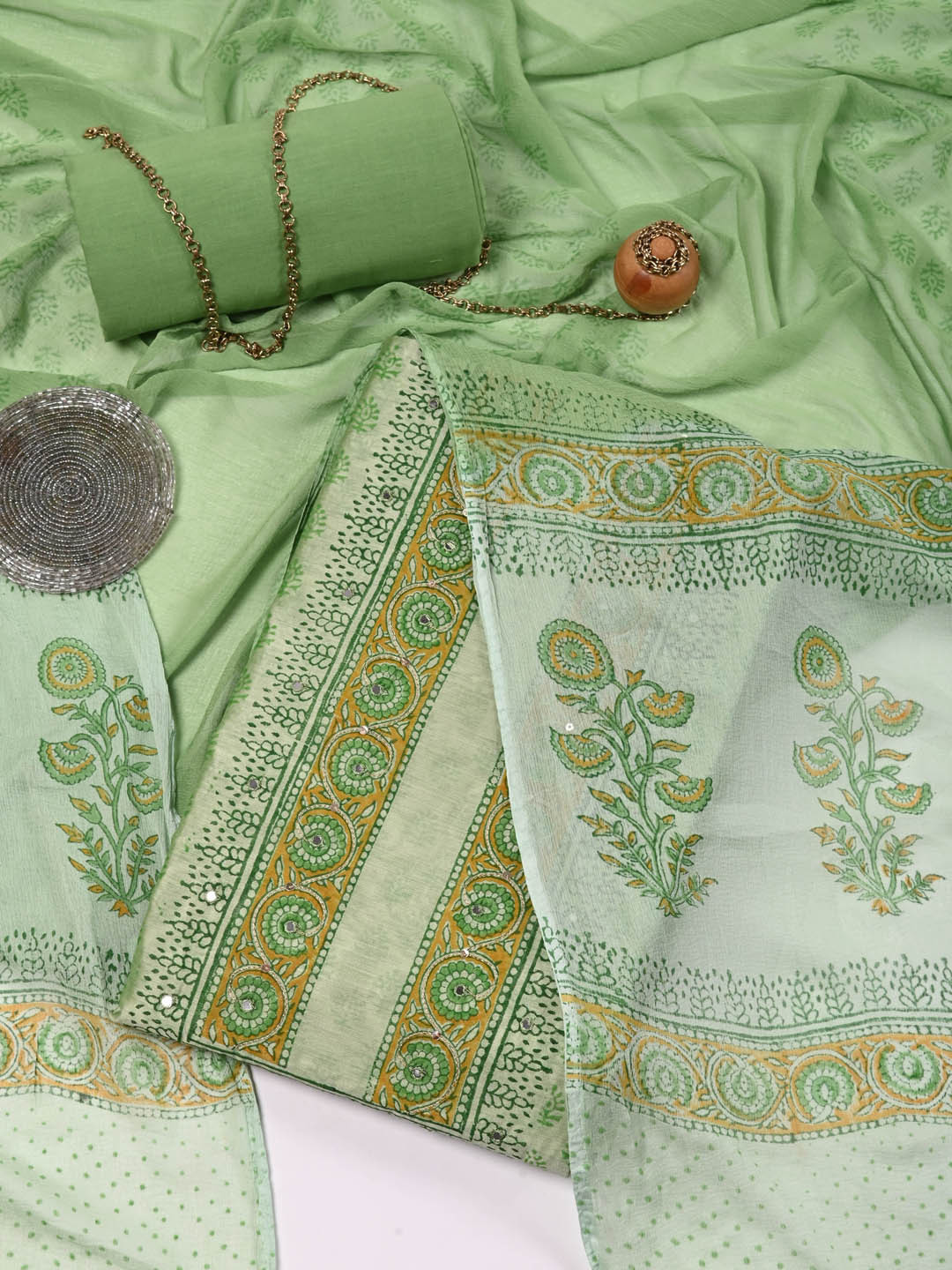

Meena Bazaar Printed Dupion Silk Unstitched Dress Material, Green