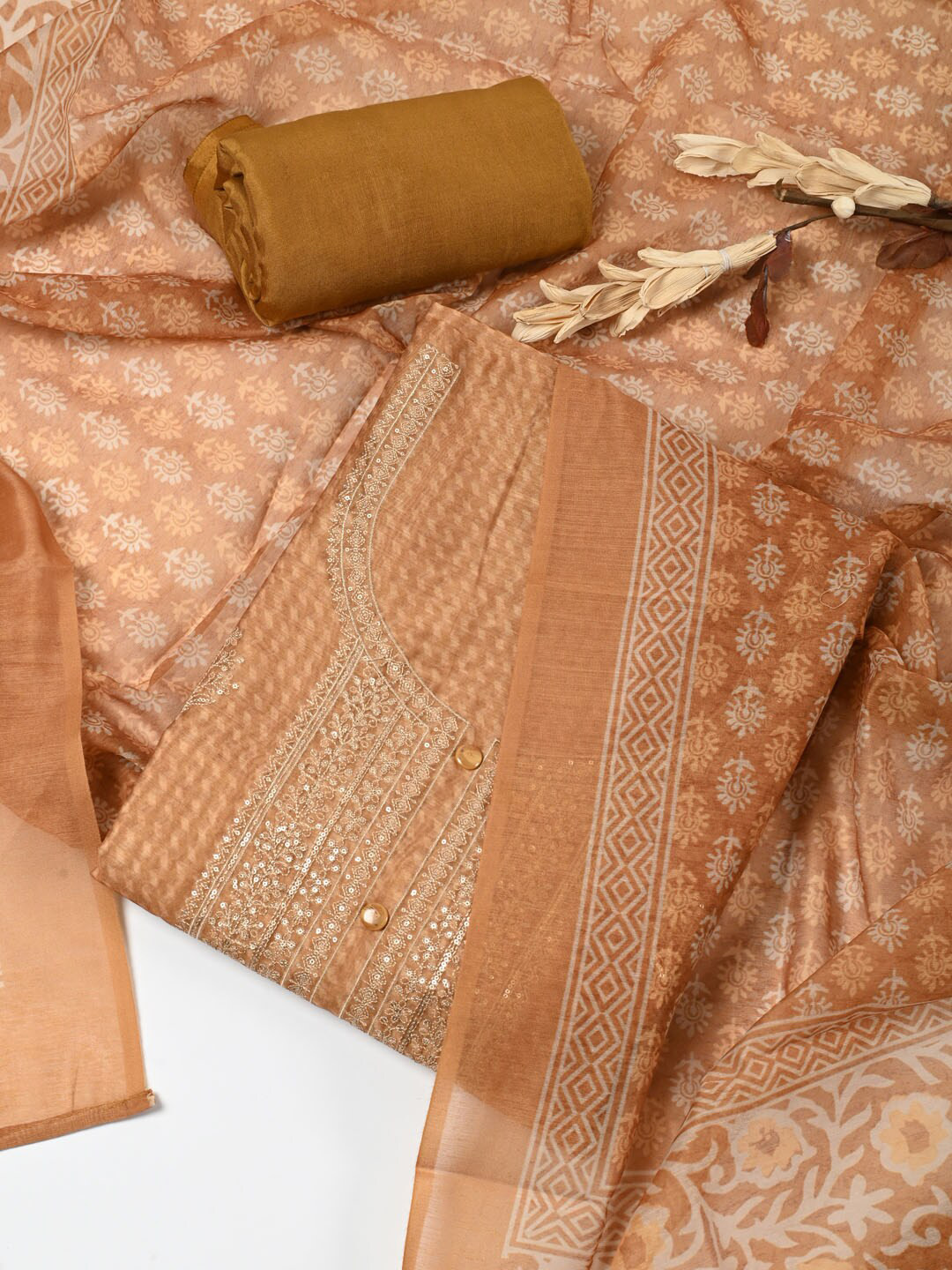 

Meena Bazaar Mustard & White Dupion Silk Unstitched Dress Material