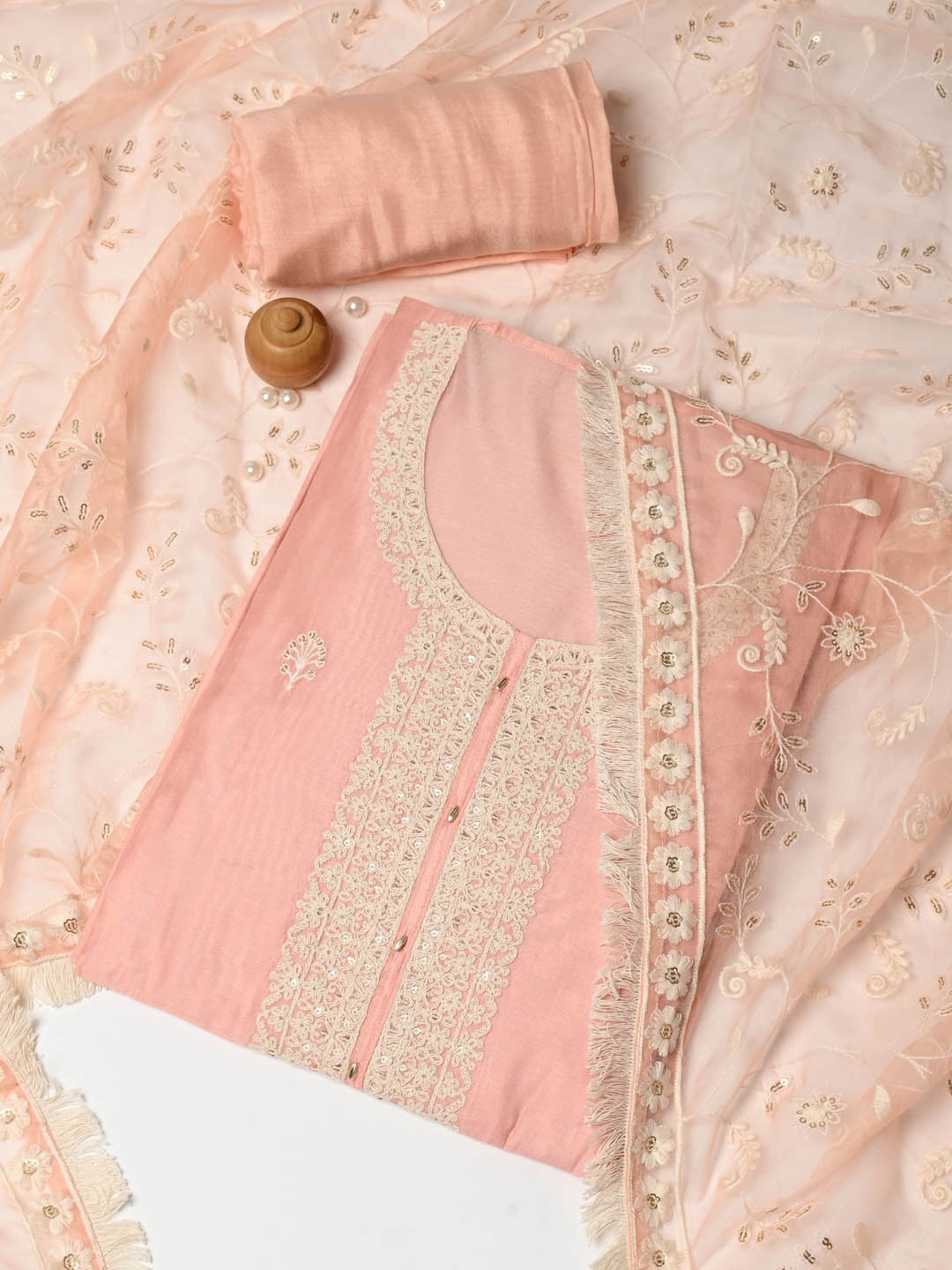 

Meena Bazaar Floral Embroidered Sequinned Dupion Silk Unstitched Dress Material, Peach