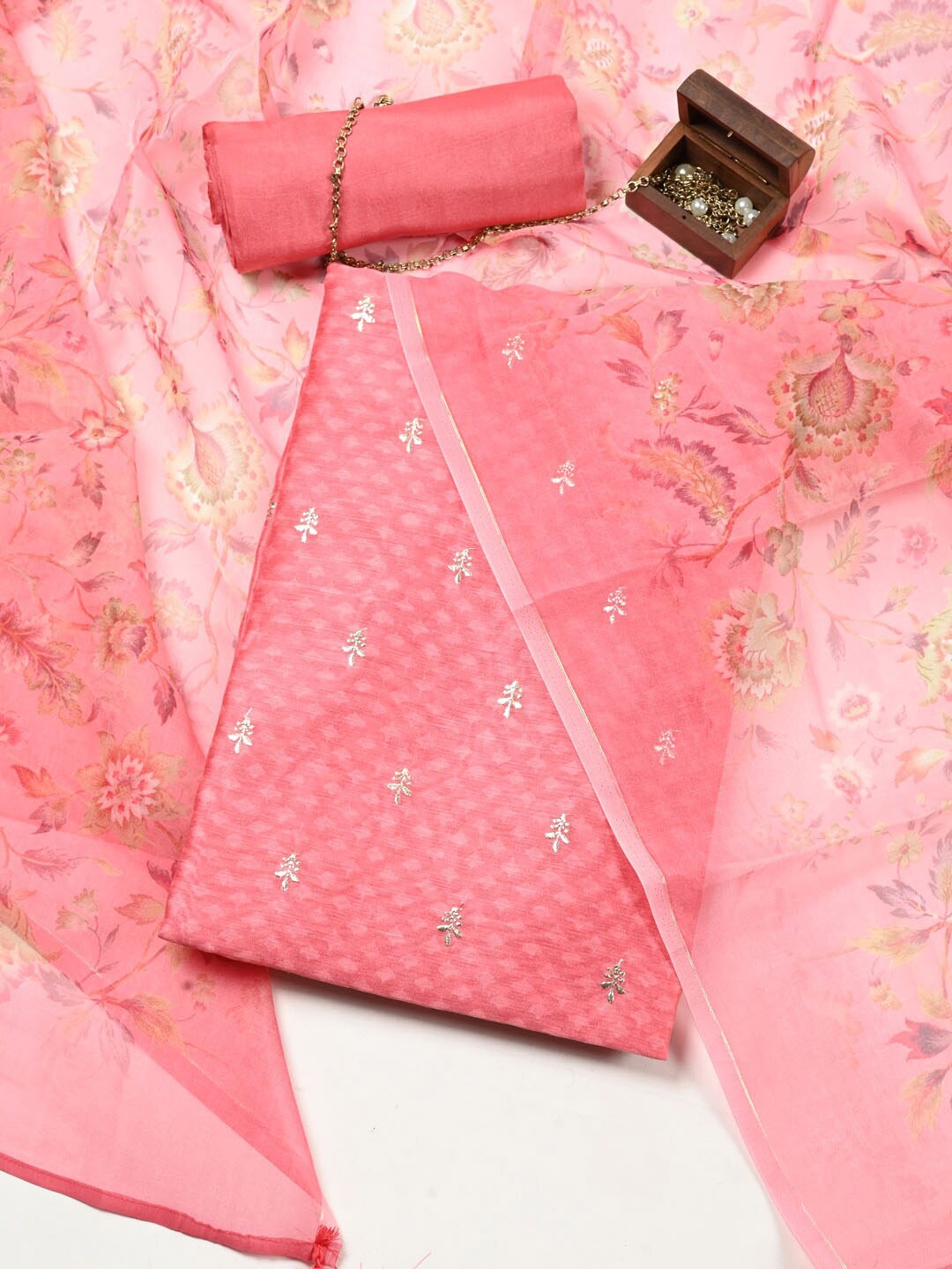 

Meena Bazaar Embroidered Dupion Silk Unstitched Dress Material, Pink