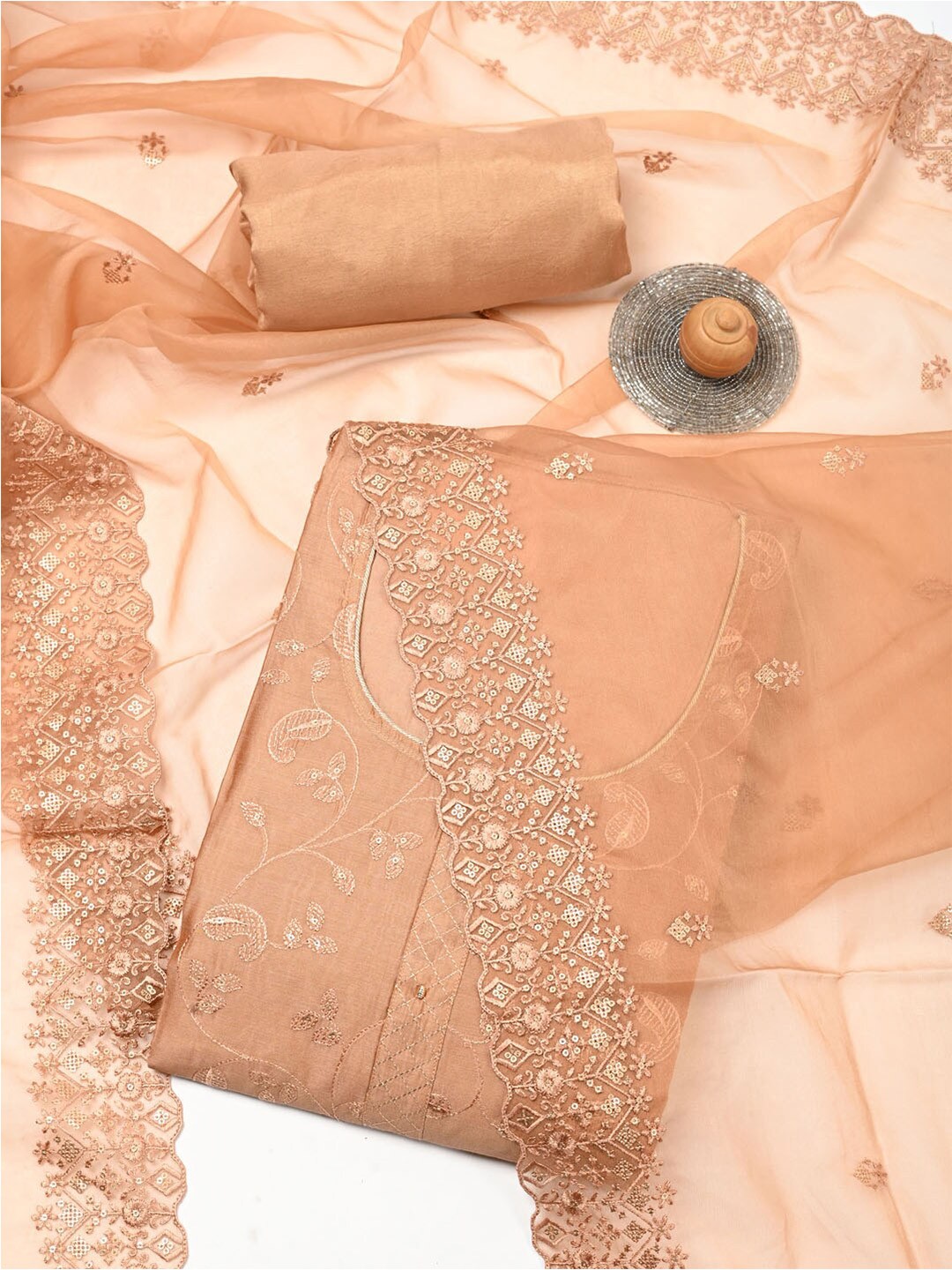 

Meena Bazaar Embroidered Dupion Silk Unstitched Dress Material, Peach