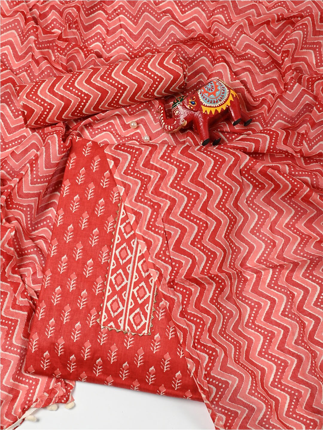 

Meena Bazaar Floral Printed Pure Cotton Unstitched Dress Material, Red