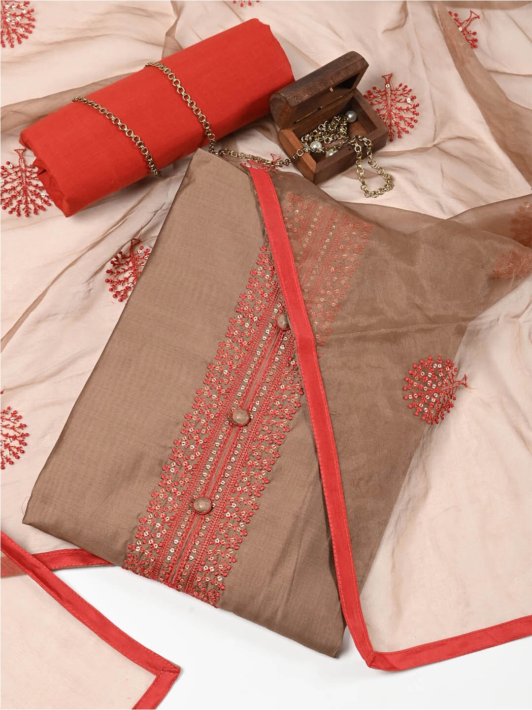 

Meena Bazaar Floral Embroidered Sequinned Dupion Silk Unstitched Dress Material, Brown