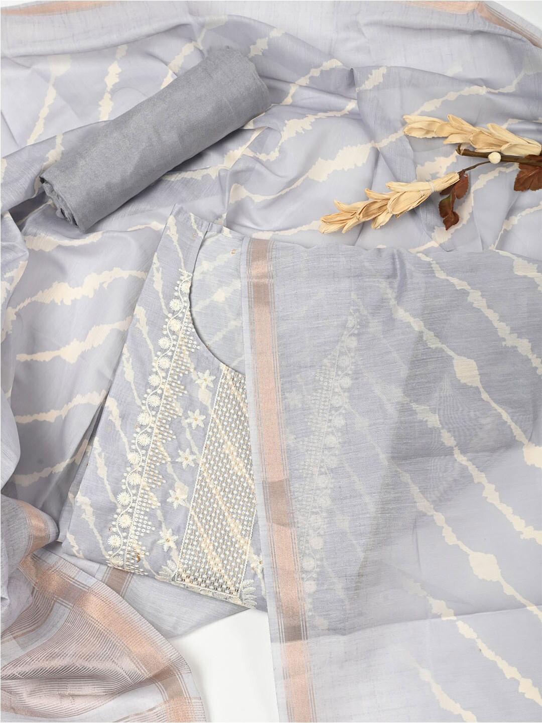 

Meena Bazaar Printed Dupion Silk Unstitched Dress Material, Grey