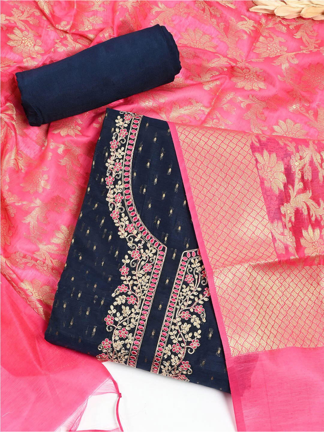 

Meena Bazaar Embroidered Dupion Silk Unstitched Dress Material, Navy blue