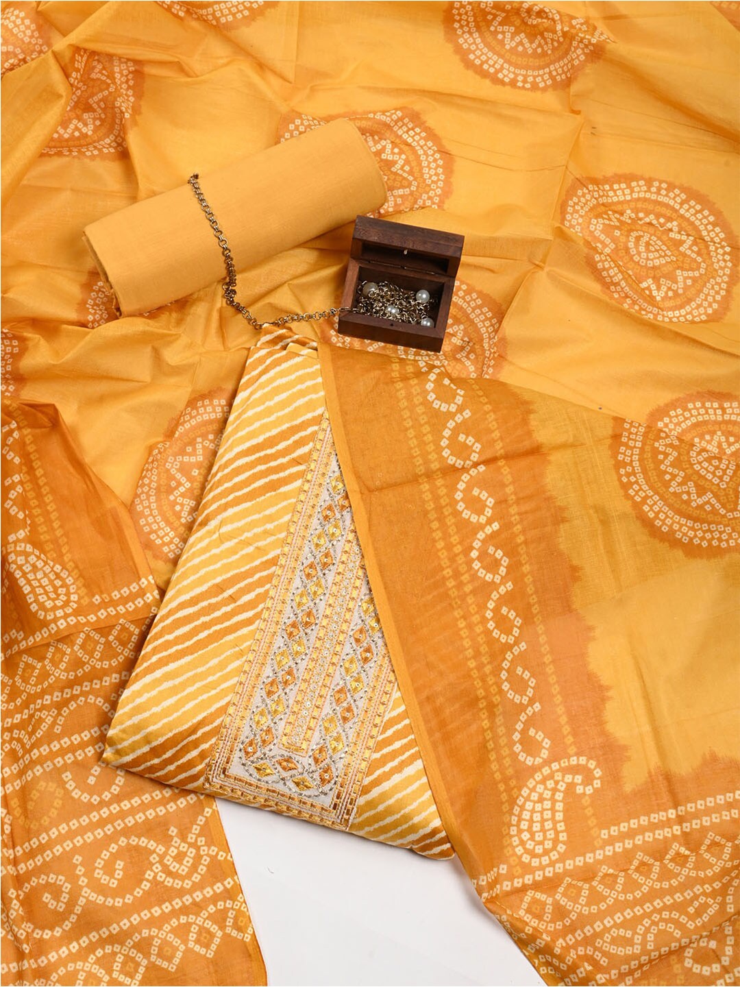 

Meena Bazaar Leheriya Printed Pure Cotton Unstitched Dress Material, Mustard