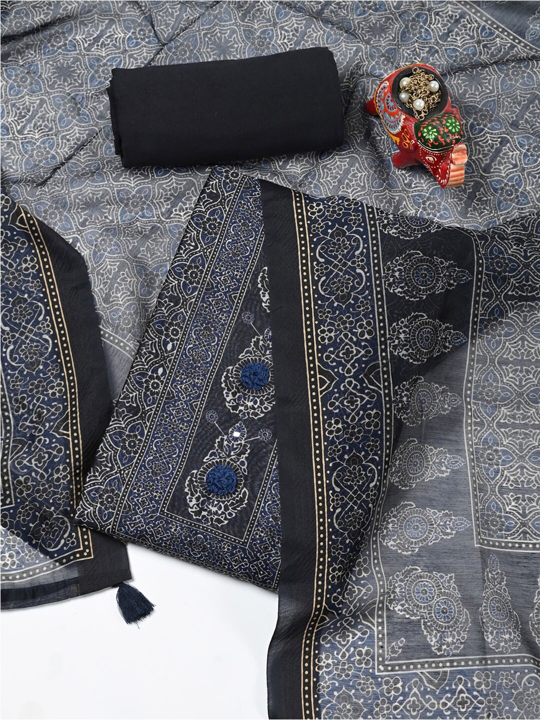 

Meena Bazaar Printed Dupion Silk Unstitched Dress Material, Black