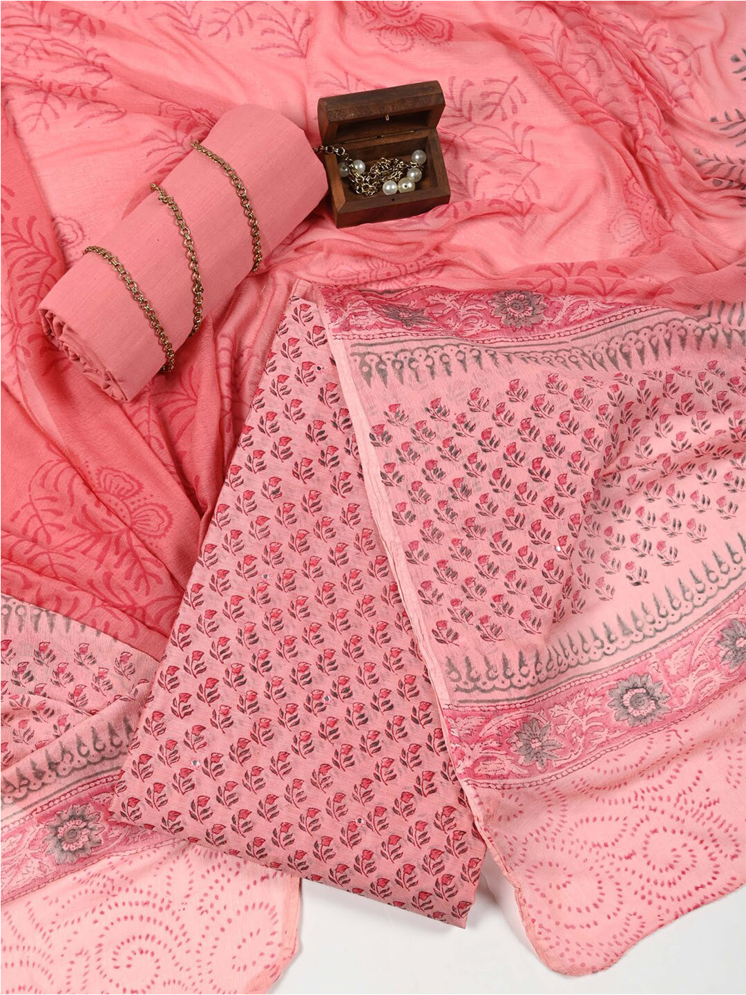 

Meena Bazaar Printed Dupion Silk Unstitched Dress Material, Pink