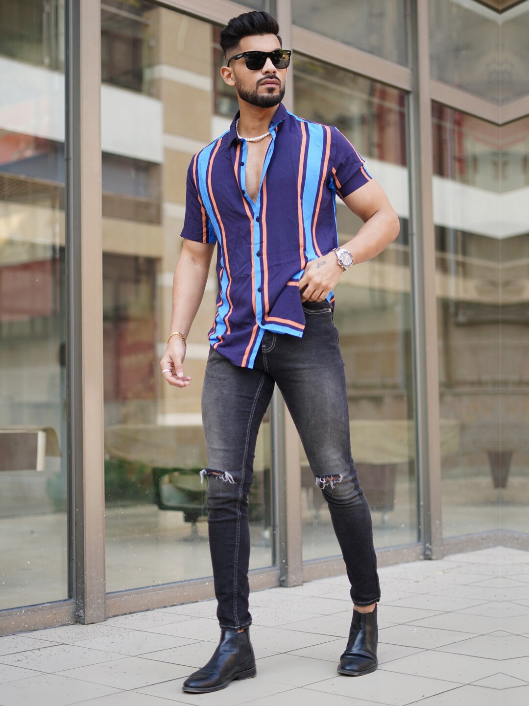 

Powerlook Vertical Striped Casual Shirt, Navy blue