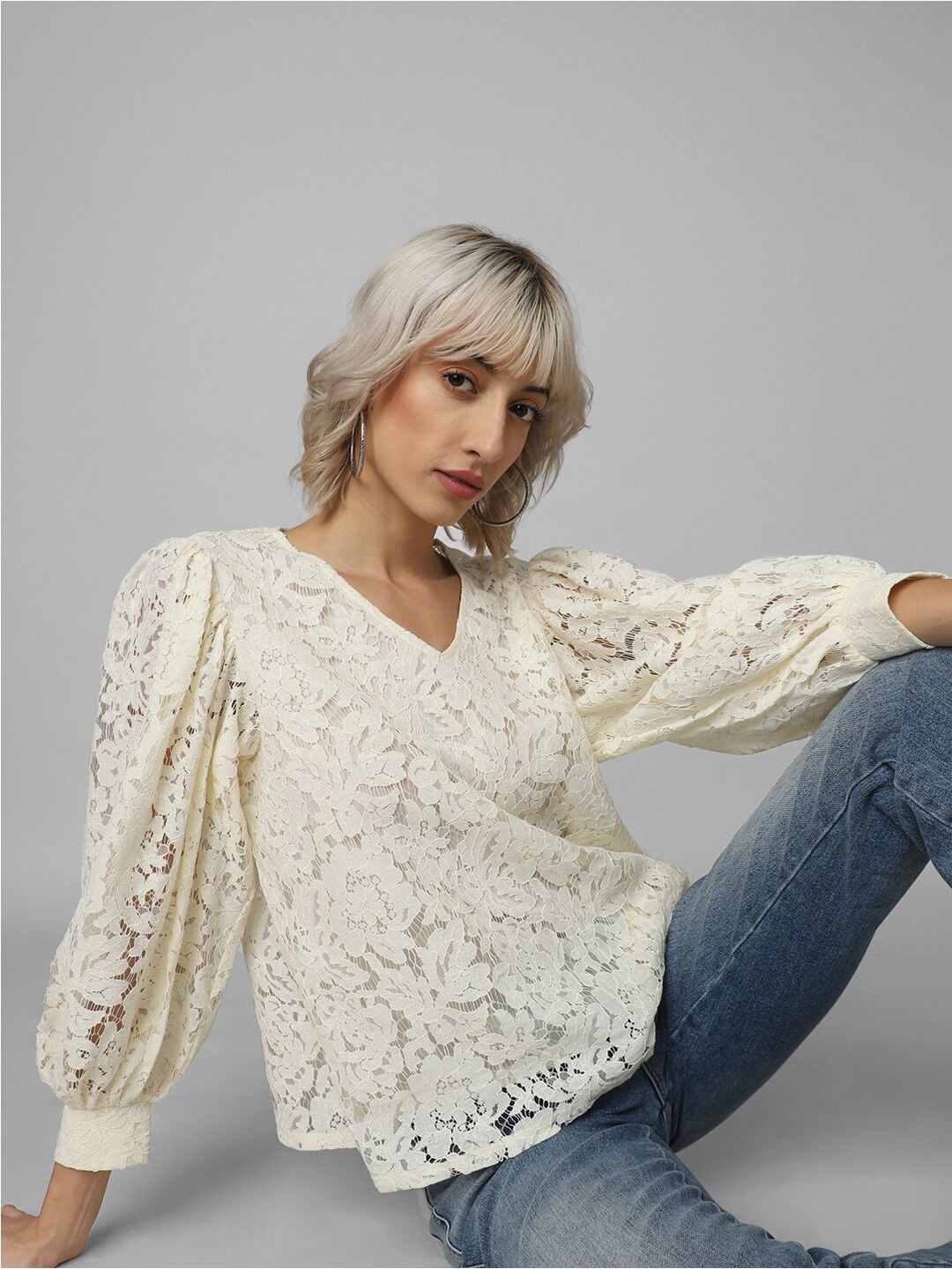 

ONLY Self Design Lace V-Neck Top, Cream